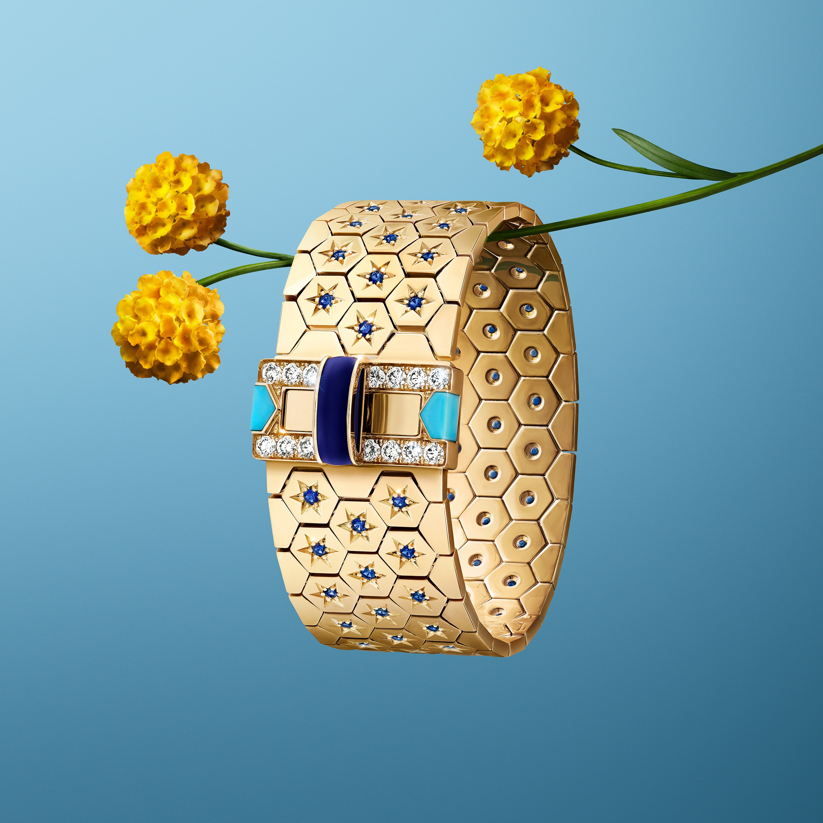 Ludo bracelet. 18K yellow gold, sapphires, lapis lazuli, turquoise, diamonds. Ludo collection, Van Cleef & Arpels.