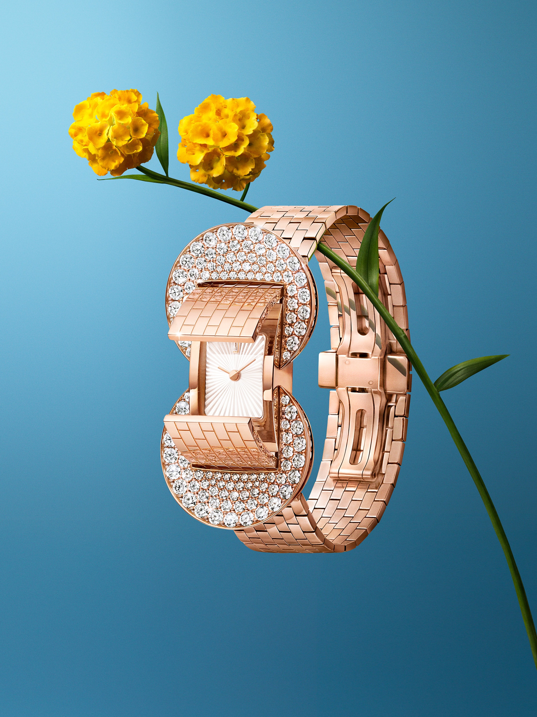 Ludo Secret watch. 18K rose gold, round diamonds, guilloché white mother-of-pearl, triple folding buckle, Swiss quartz movement. Ludo collection, Van Cleef & Arpels.