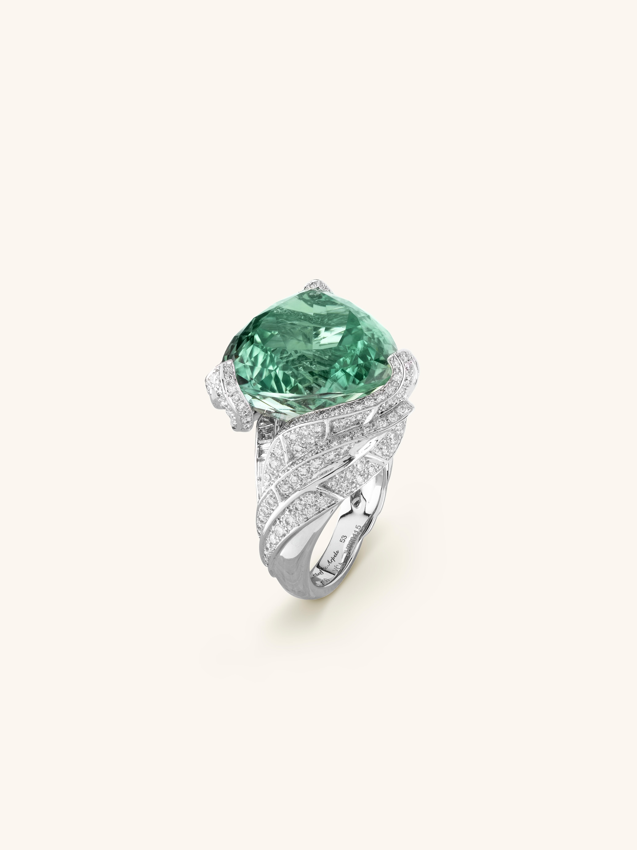 Pure California ring. 18K white gold, a mint tourmaline of 28.41 carats, diamonds. Private collection.