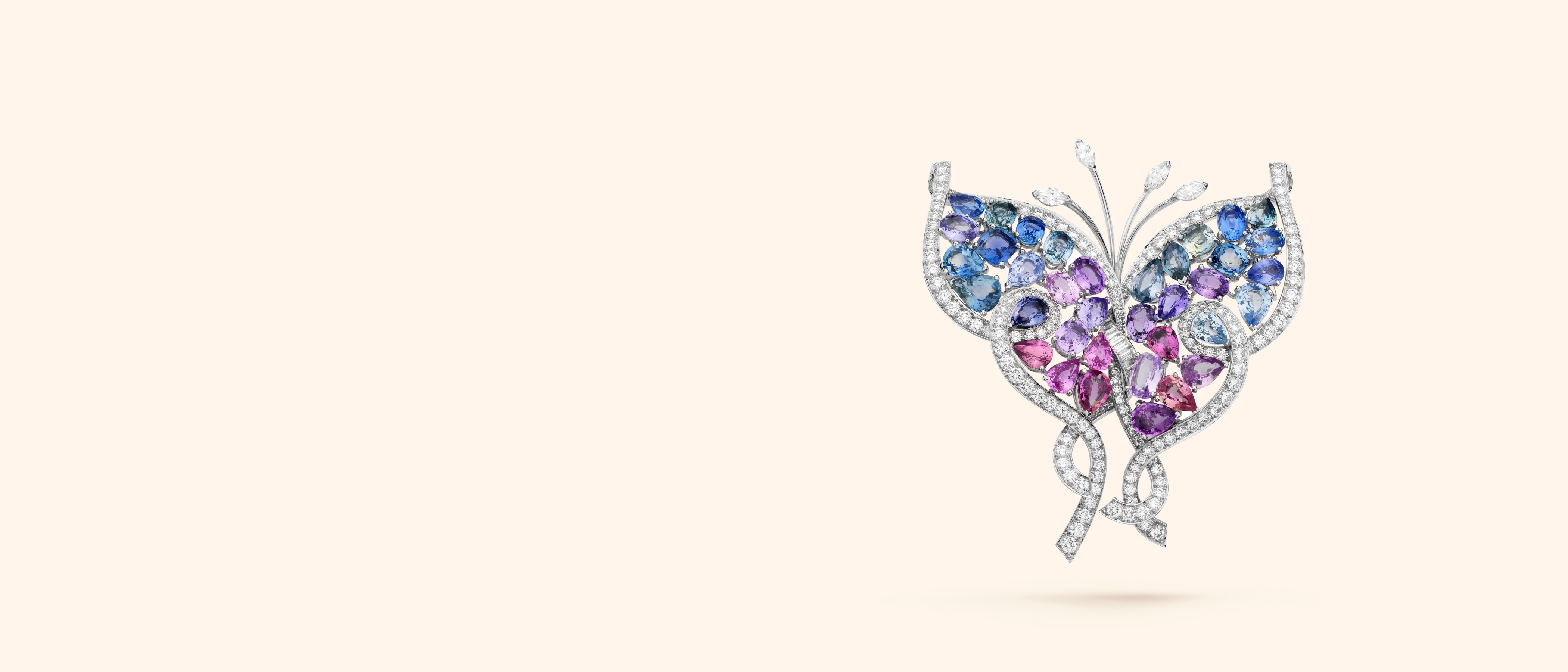 Bel-Argus Butterfly clip. 18K white gold, 36 colored sapphires for 54.89 carats, diamonds. Private collection.