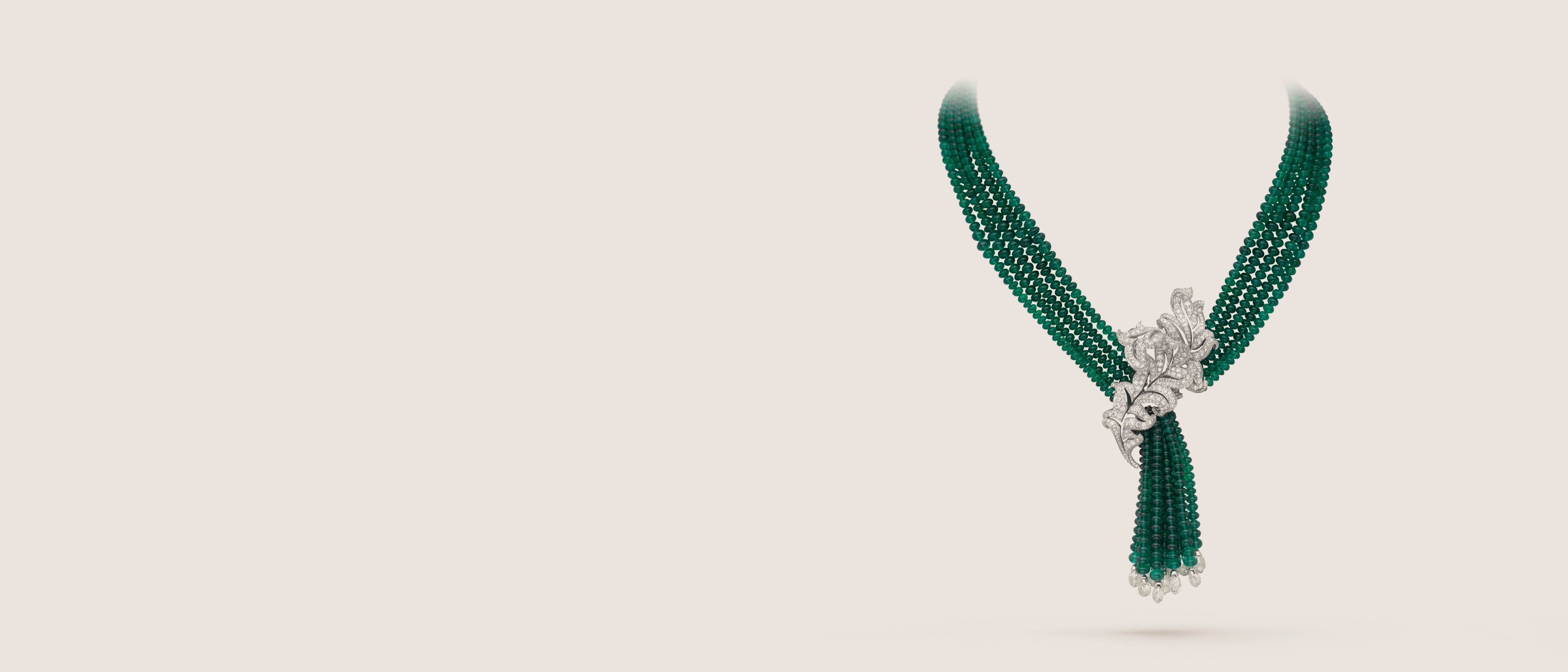 Bosquet d'Apollon necklace. 18K white gold, emerald beads, diamonds. Private collection.