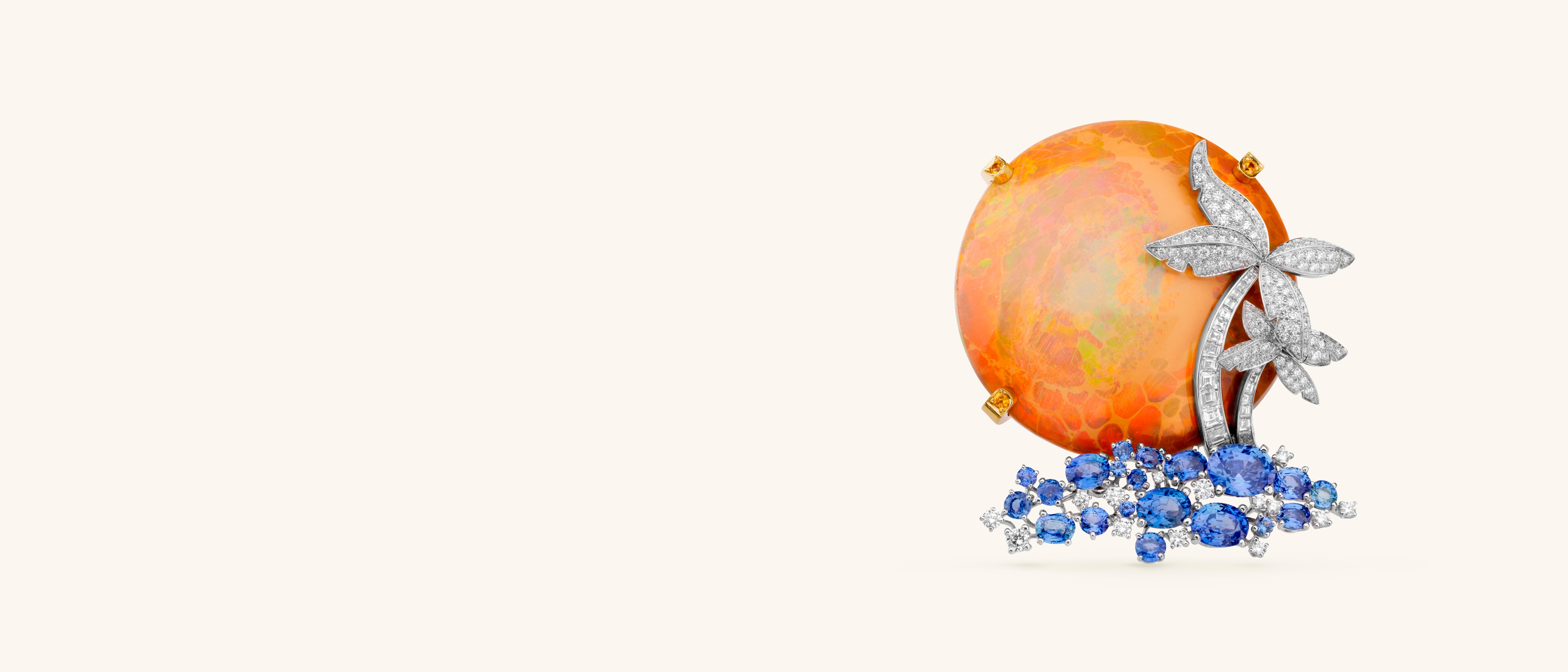 Paysage d’Opale clip. 18K white gold, 18K yellow gold, yellow and blue sapphires, one opal of 100.11 carats, diamonds. Private collection.