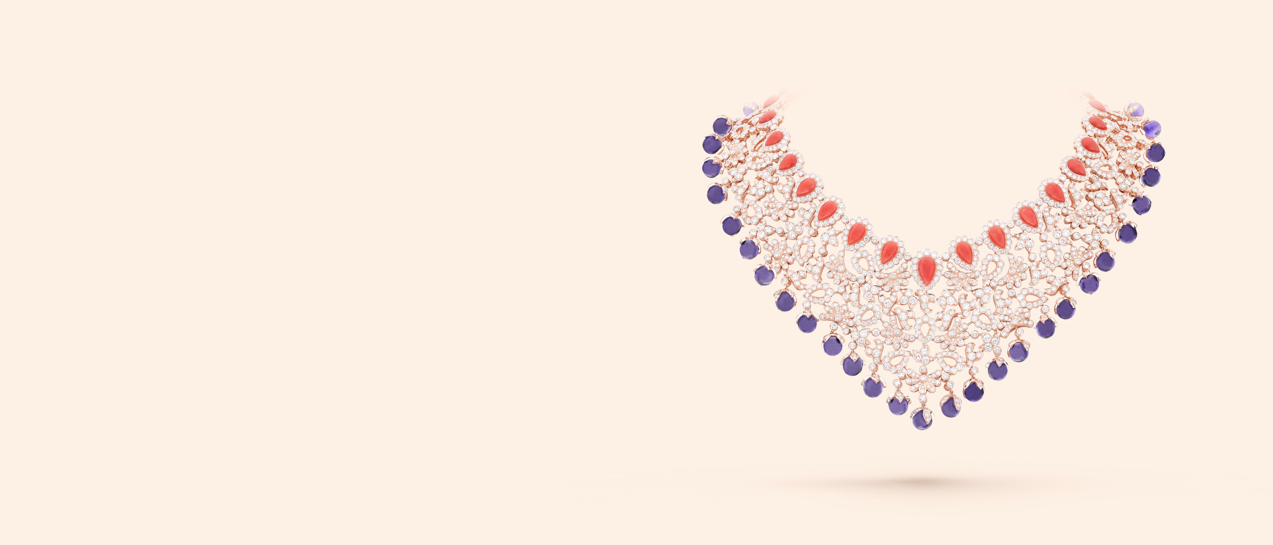 Crépuscule d'Orient necklace. 18K rose gold, cabochon-cut pink coral, amethyst beads, diamonds. Private collection.