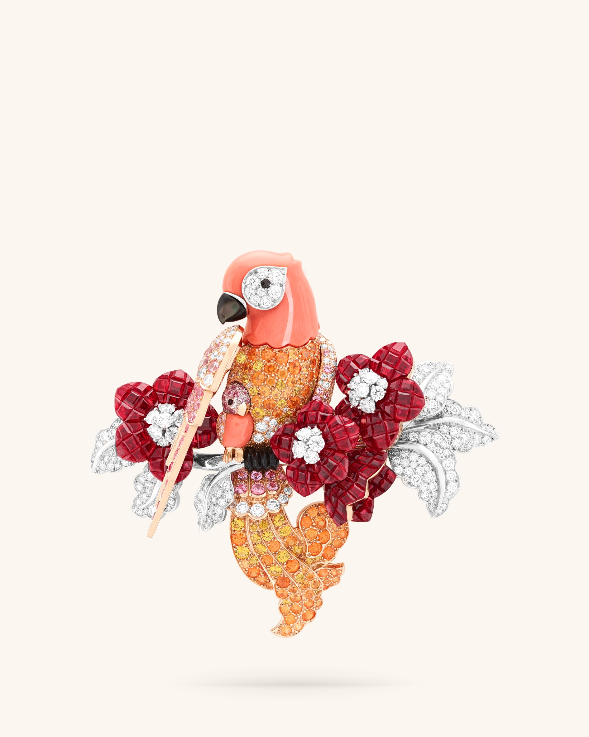 Sous Son aile clip, rose gold, white gold, Traditional Mystery Set rubies, pink and yellow sapphires, spessartite garnets, black spinels, onyx, coral, gray mother-of-pearl, diamonds. Le Secret collection, Van Cleef & Arpels.