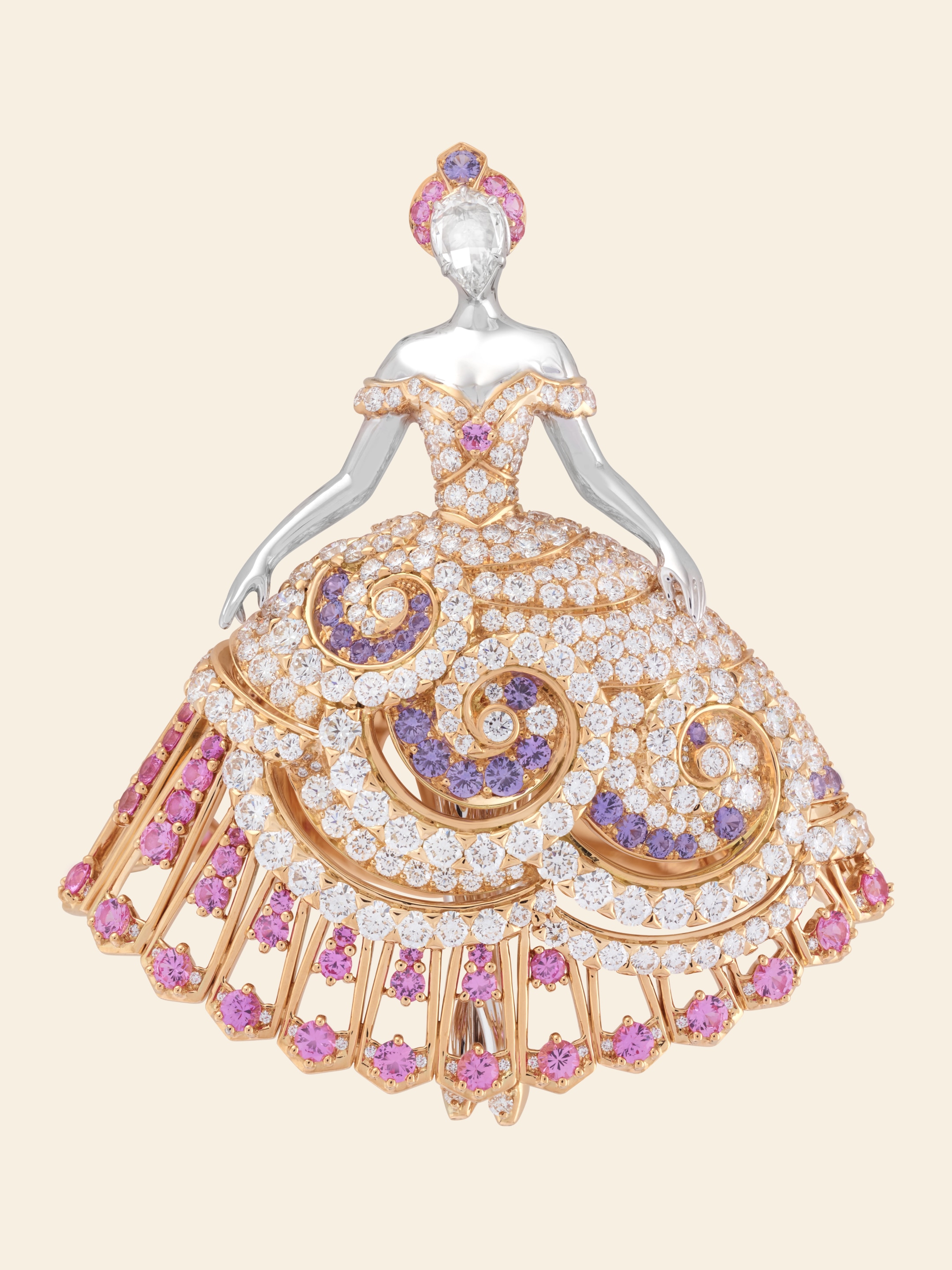 Princesse Éos胸針,白K金,黃K金,粉紅色及淡紫色藍寶石,鑽石。Quatre contes de Grimm系列,Van Cleef & Arpels梵克雅寶。