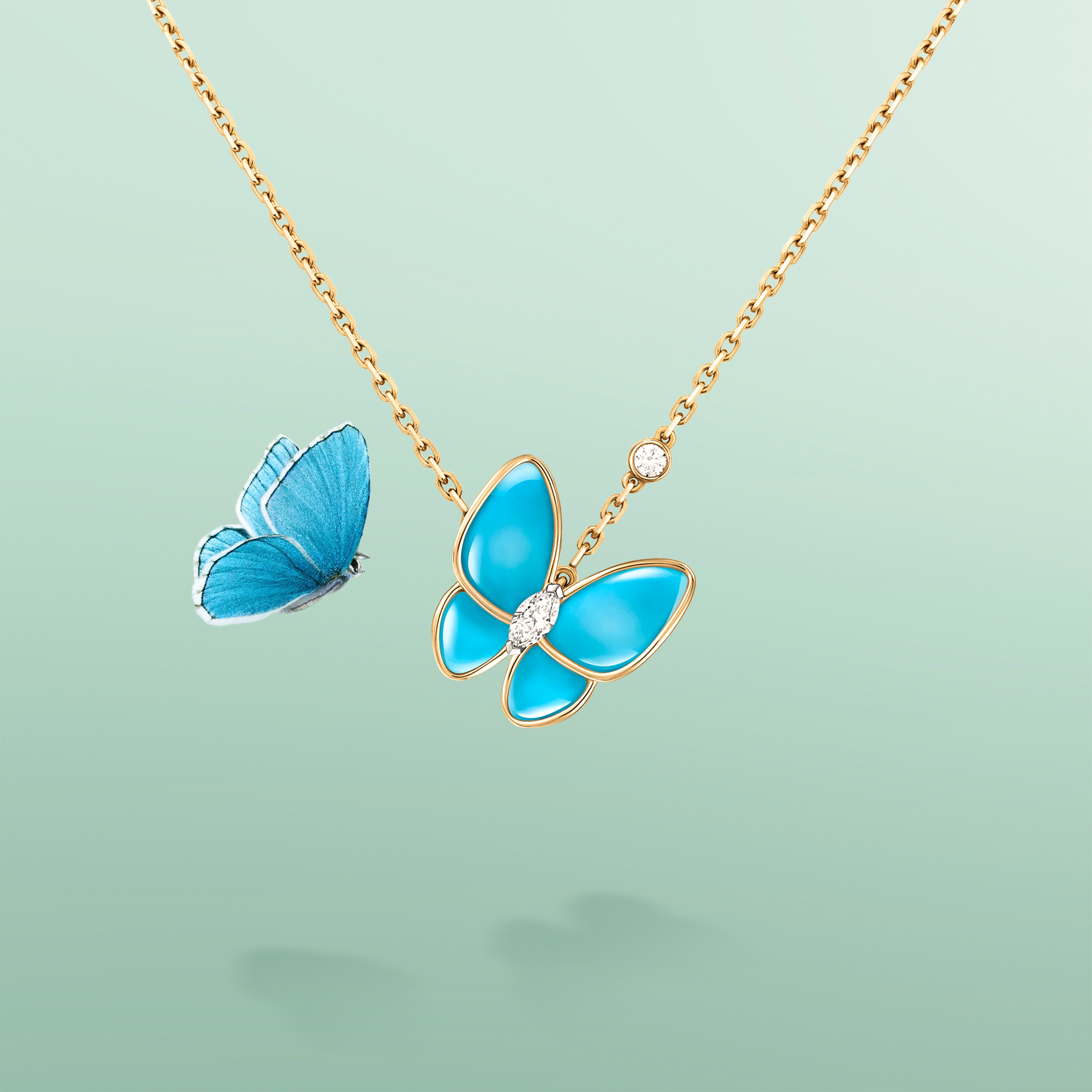 Pendant, 18K yellow gold, turquoise, round diamond, rhodium plated 18K white gold, marquise-cut diamond. Two Butterfly collection, Van Cleef & Arpels.