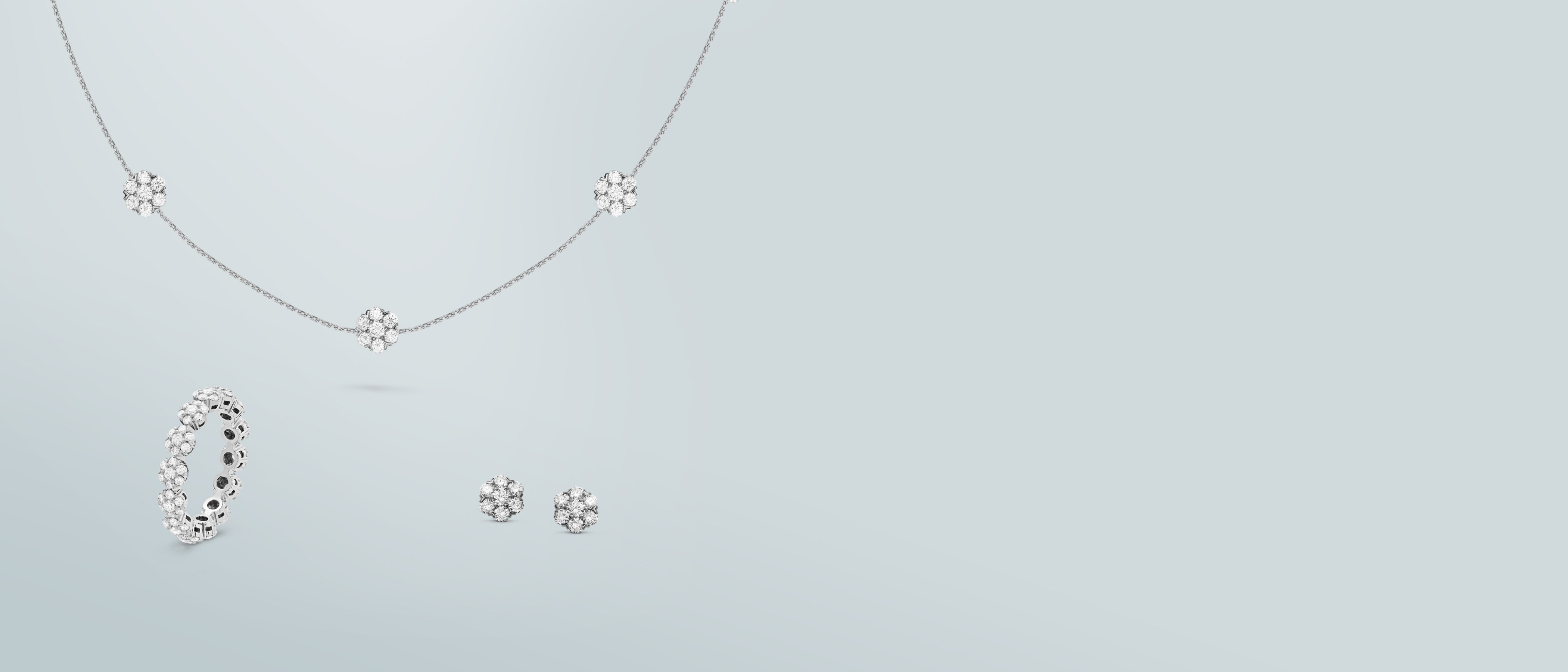 Fleurette collection, necklace, earrings and ring, white gold and diamonds, cover, Van Cleef & Arpels