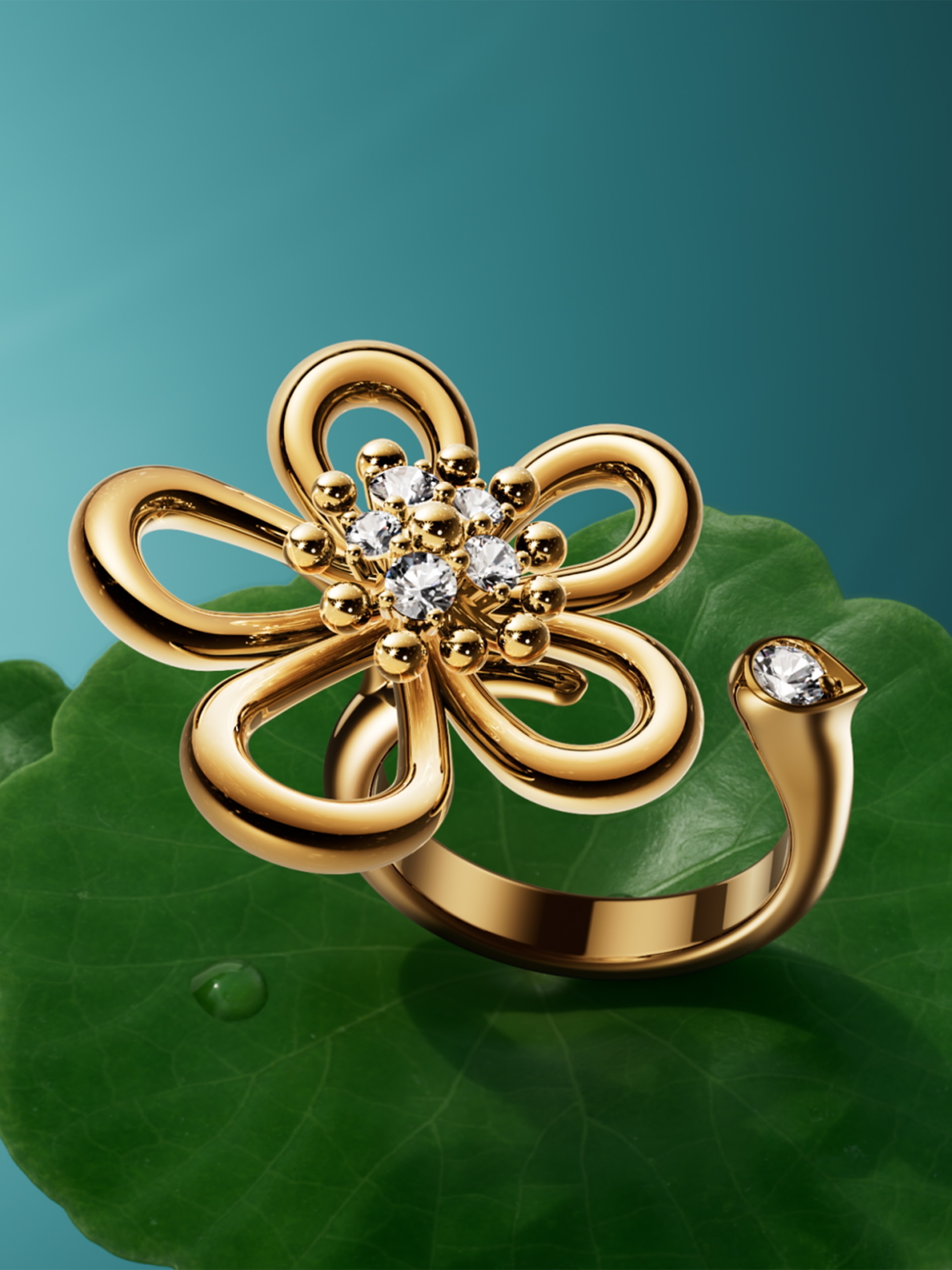Flowerlace Between the Finger™ ring, small model, 18K yellow gold, diamonds. Flowerlace Collection, Van Cleef & Arpels.