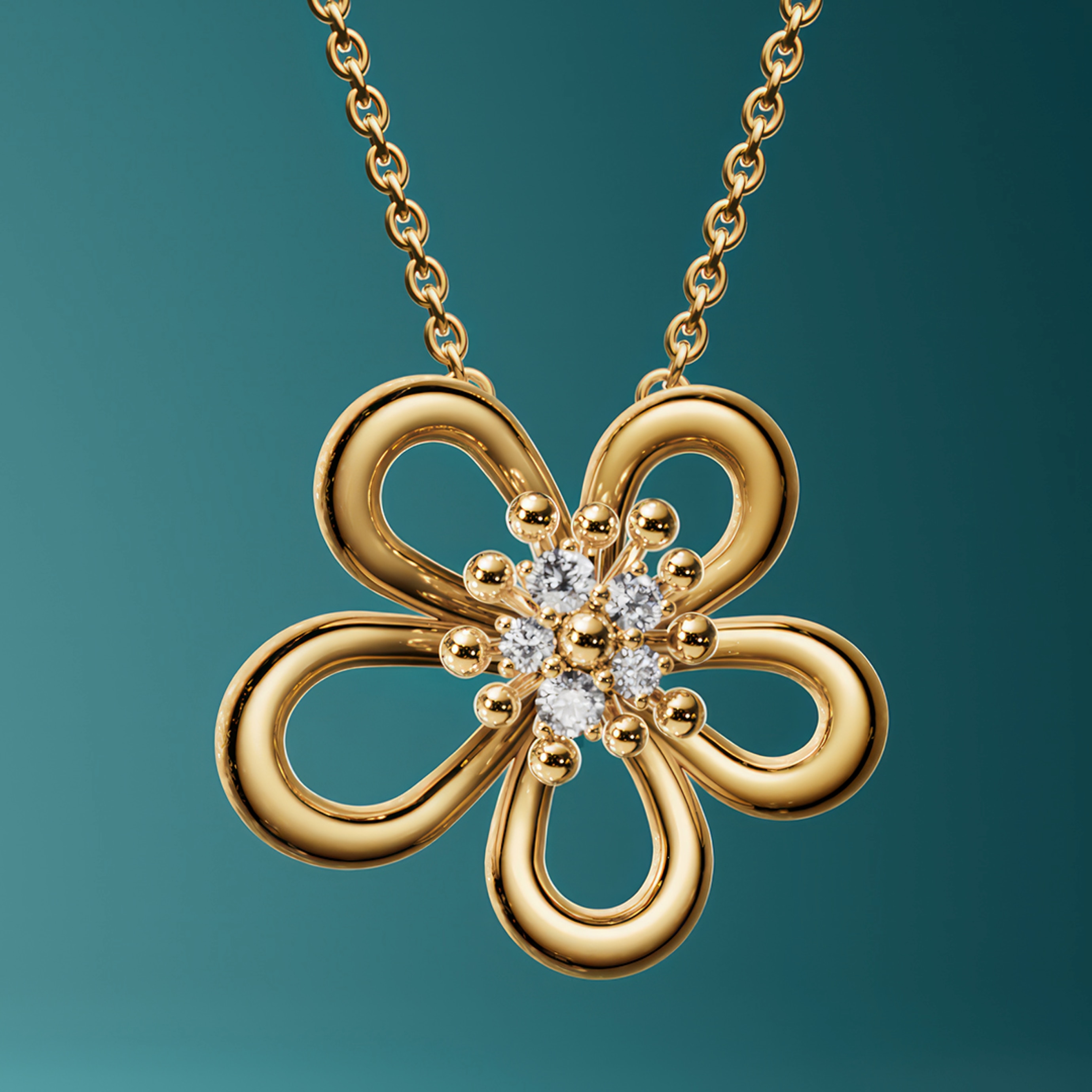 Flowerlace pendant, small model, yellow gold, diamonds. Flowerlace® collection, Van Cleef & Arpels.