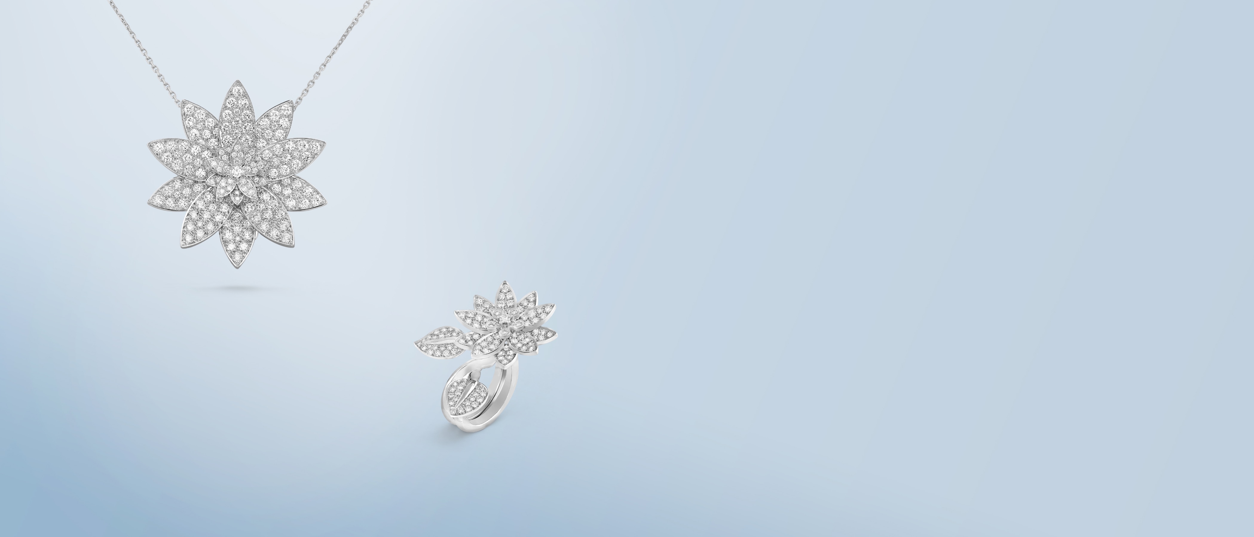 Lotus collection, necklace and ring, white gold and diamonds, cover, Van Cleef & Arpels