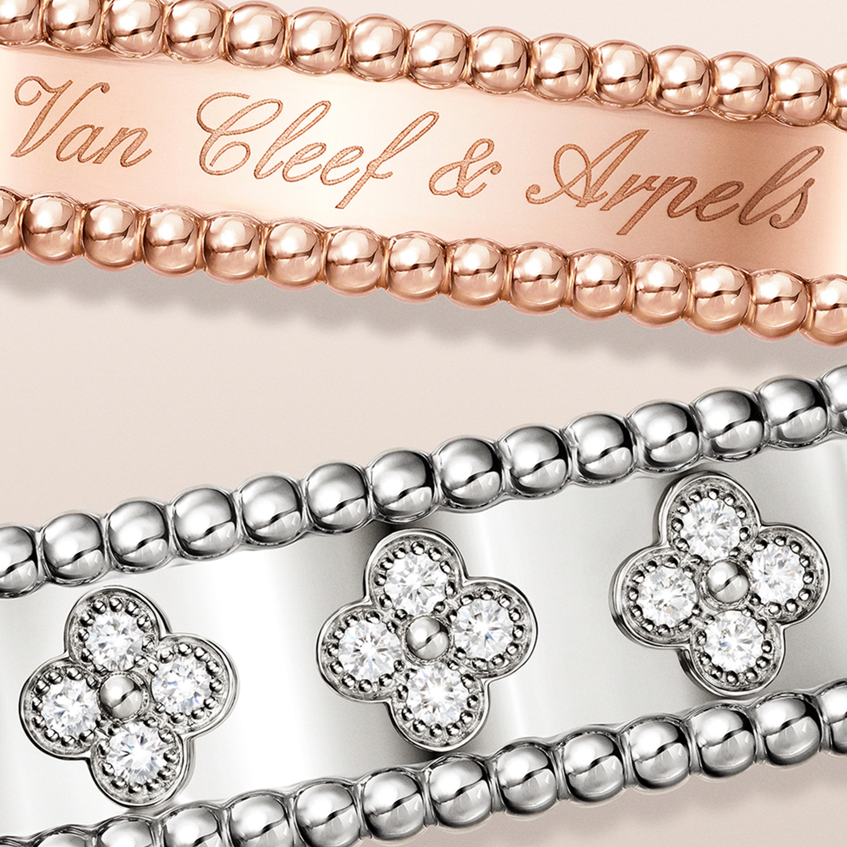 Signature bracelet, 18K rose gold, medium model and clovers bracelet, rhodium plated 18K white gold, diamonds, medium model. Perlée collection, Van Cleef & Arpels.