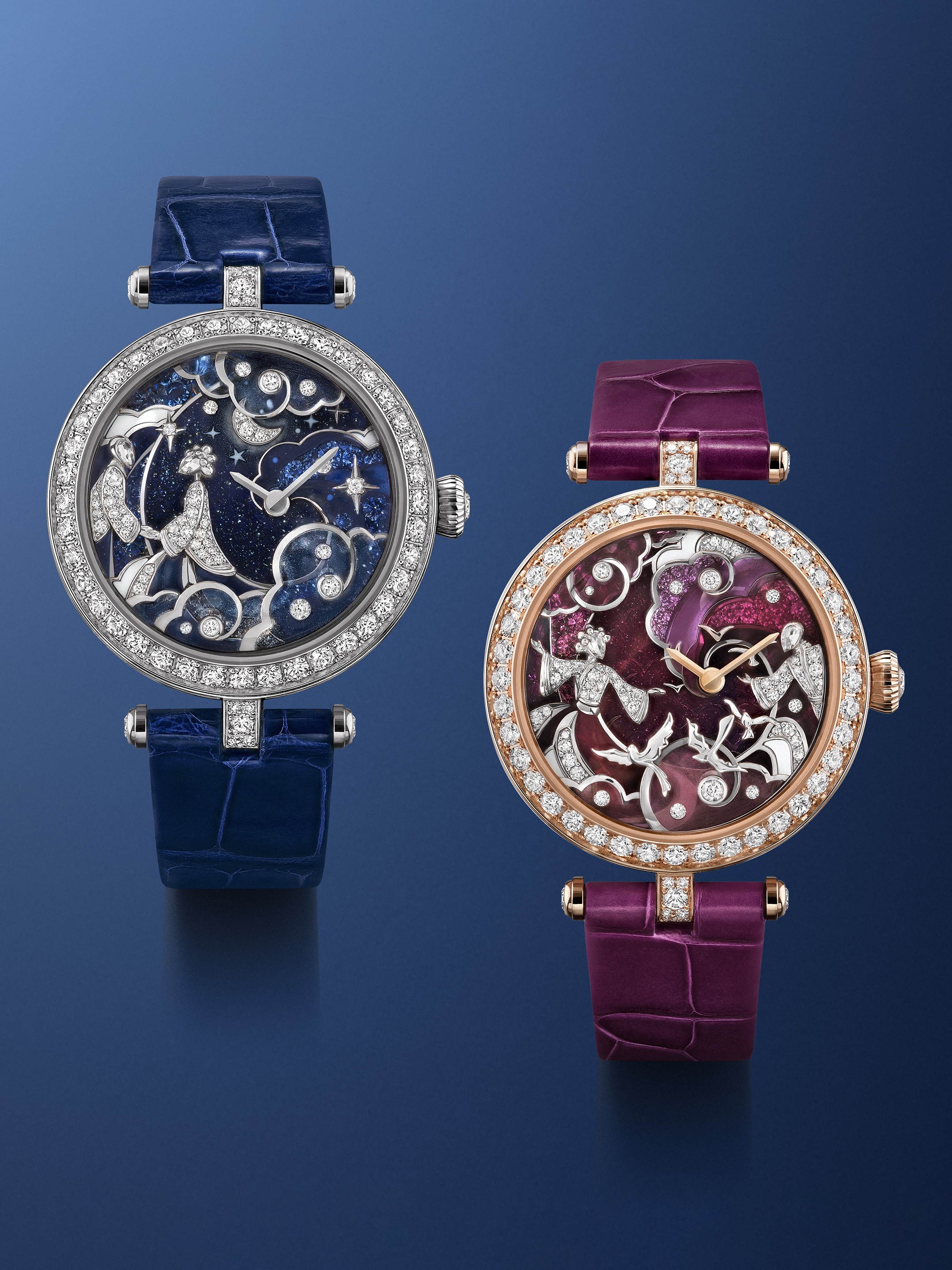 Lady Rencontre Céleste and Lady Retrouvailles Célestes watches. Extraordinary dials collection, Van Cleef & Arpels.