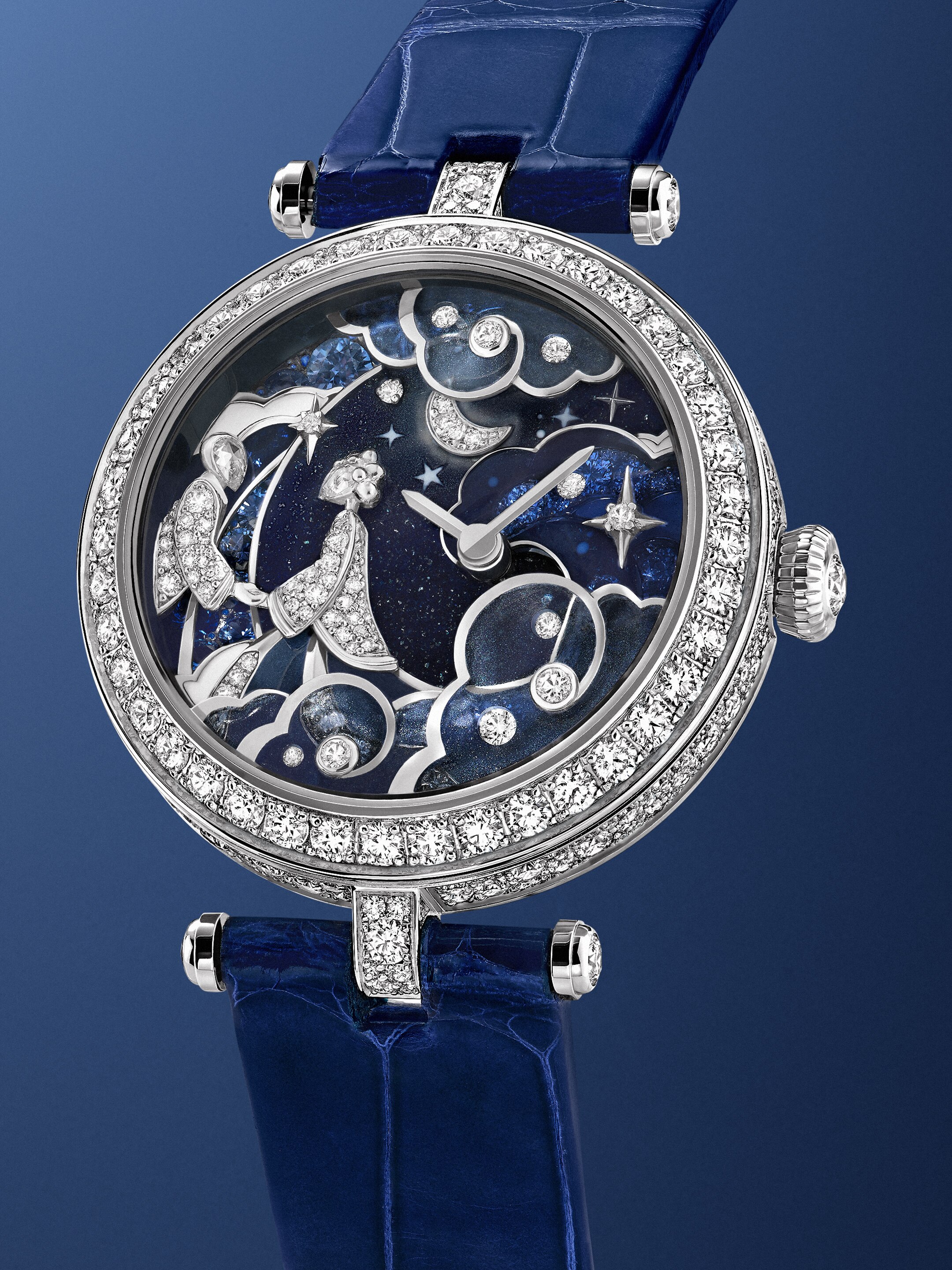Lady Rencontre Céleste watch, white gold, sapphires, white mother-of-pearl, diamonds, enamel, miniature painting, manual-winding mechanical movement. Extraordinary dials collection, Van Cleef & Arpels.