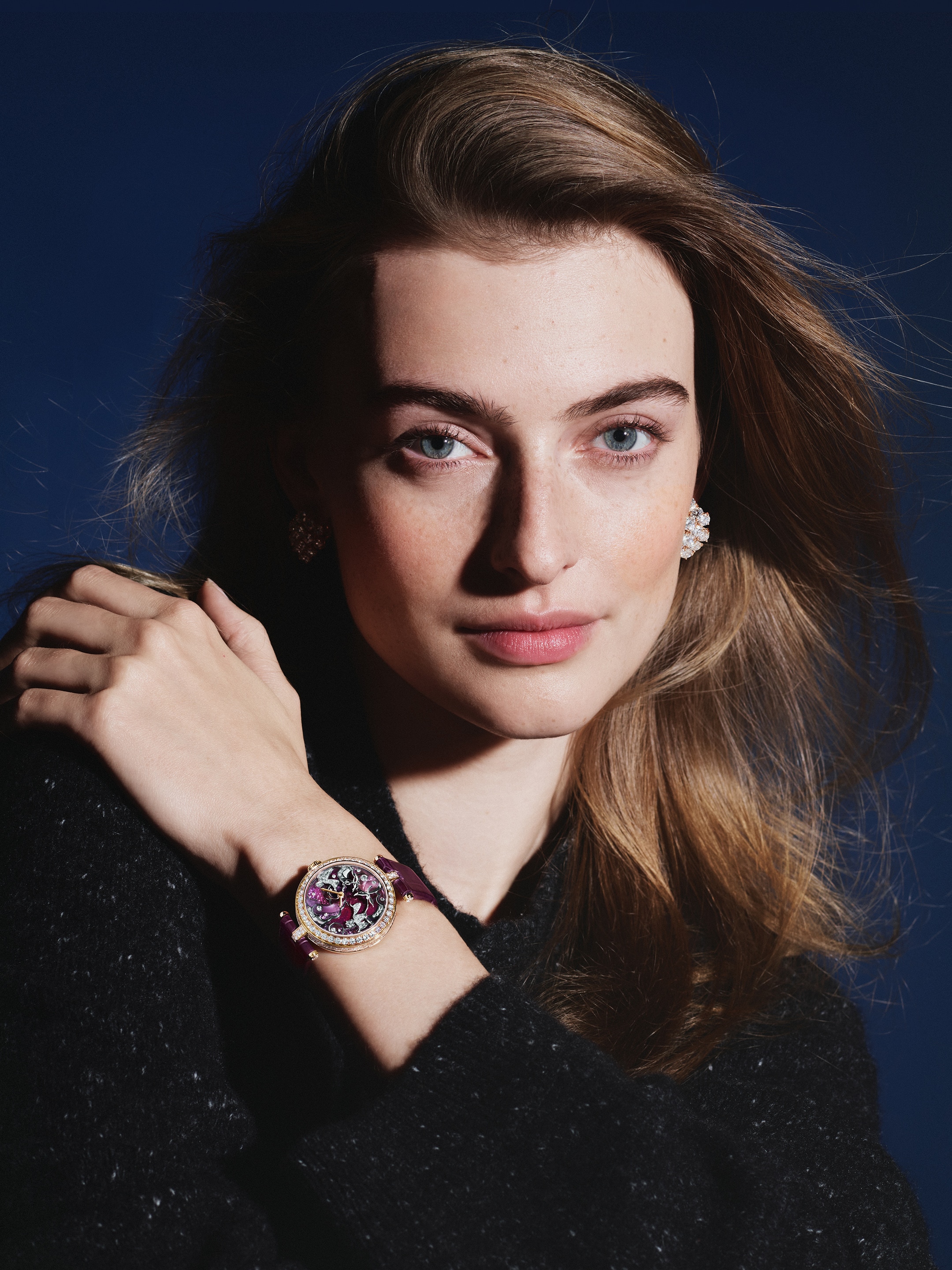 Lady Retrouvailles Célestes watch, rose gold, white gold, pink sapphires, white mother-of-pearl, diamonds, enamel, miniature painting, manual-winding mechanical movement. Extraordinary dials collection, Van Cleef & Arpels.