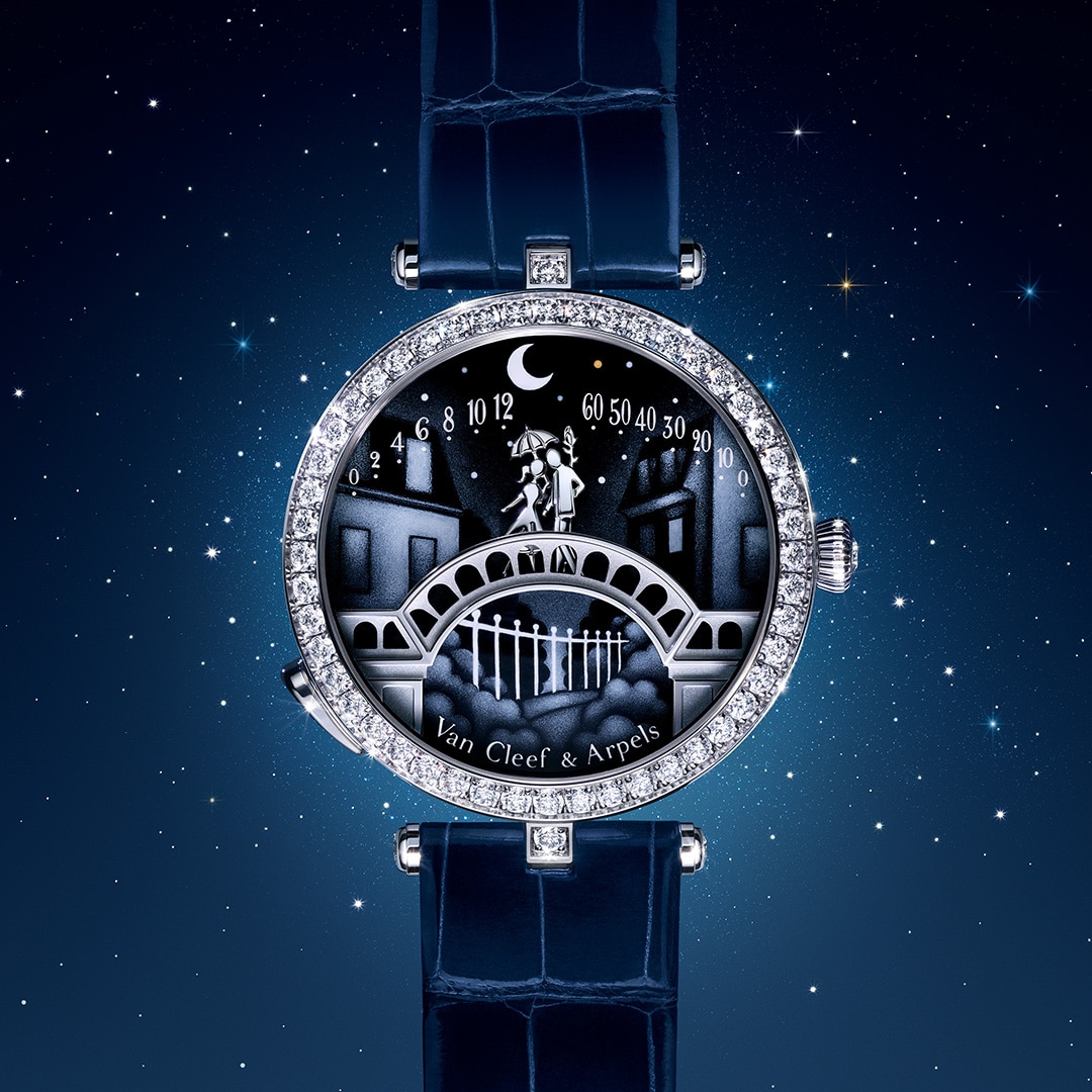 Relógio Lady Arpels Pont des Amoureux. Ouro branco 18 quilates revestido a ródio, diamantes, esmalte, movimento mecânico de corda automática, animação retrógrada e sob demanda. Coleção Poetic Complications®, Van Cleef & Arpels.