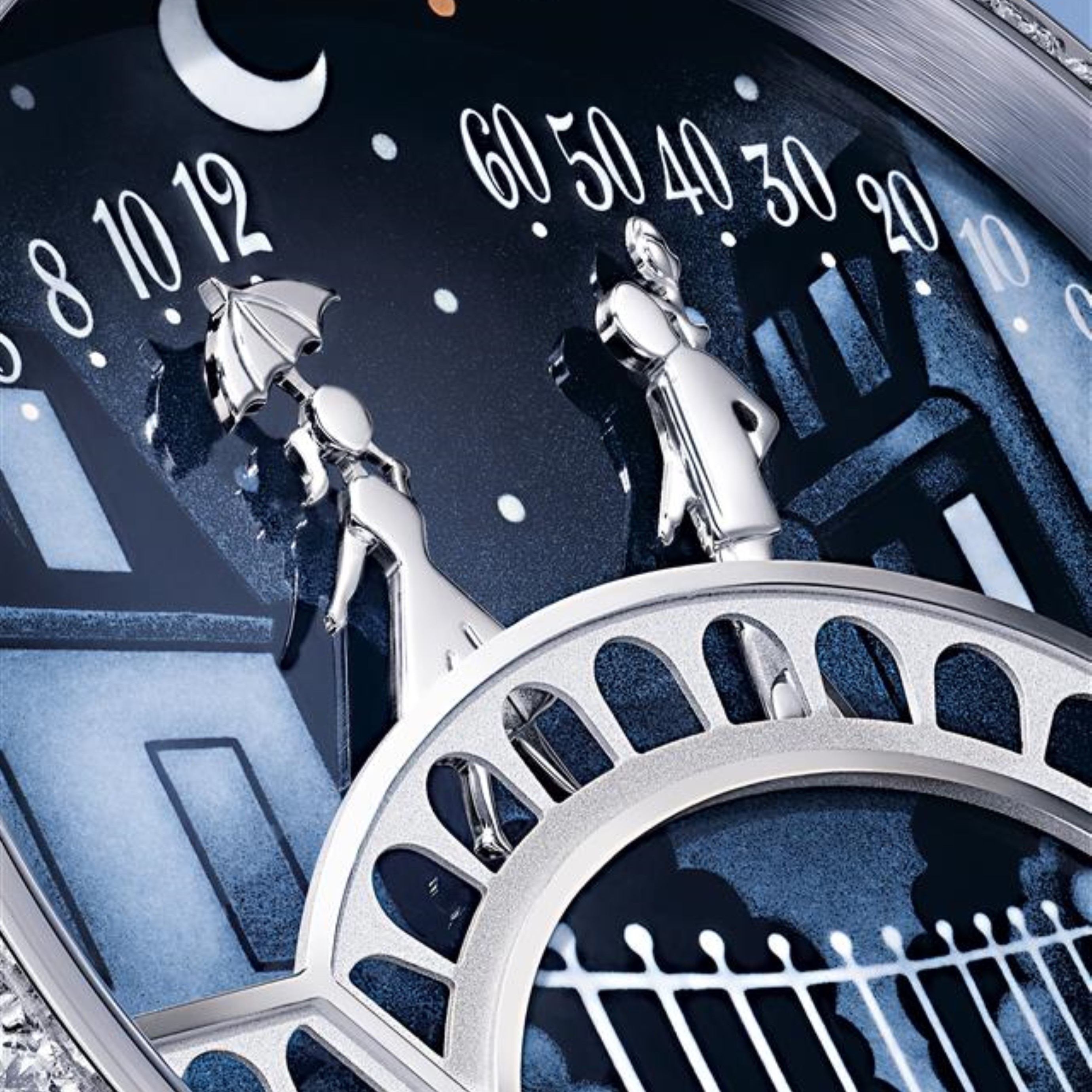 Relógio Lady Arpels Pont des Amoureux. Ouro branco 18 quilates revestido a ródio, diamantes, esmalte, movimento mecânico de corda automática, animação retrógrada e sob demanda. Coleção Poetic Complications®, Van Cleef & Arpels.