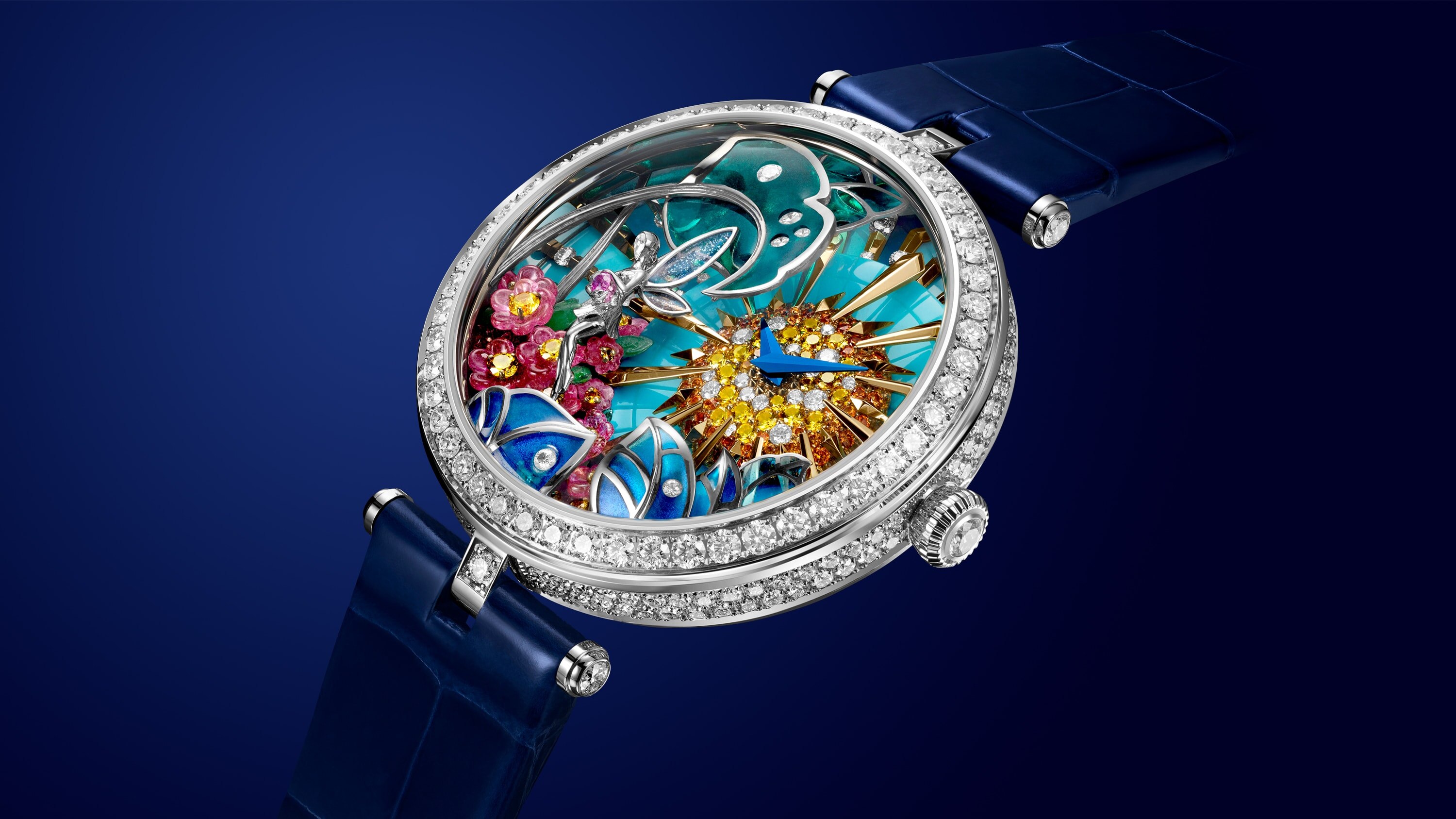 Montre Lady Arpels Jour Enchanté, or blanc et jaune, diamants, saphirs colorés, grenats spessartites, turquoise, émail plique-à-jour, façonné, serti dans l’émail, serti supporté. Collection Extraordinary Dials™, Van Cleef & Arpels.