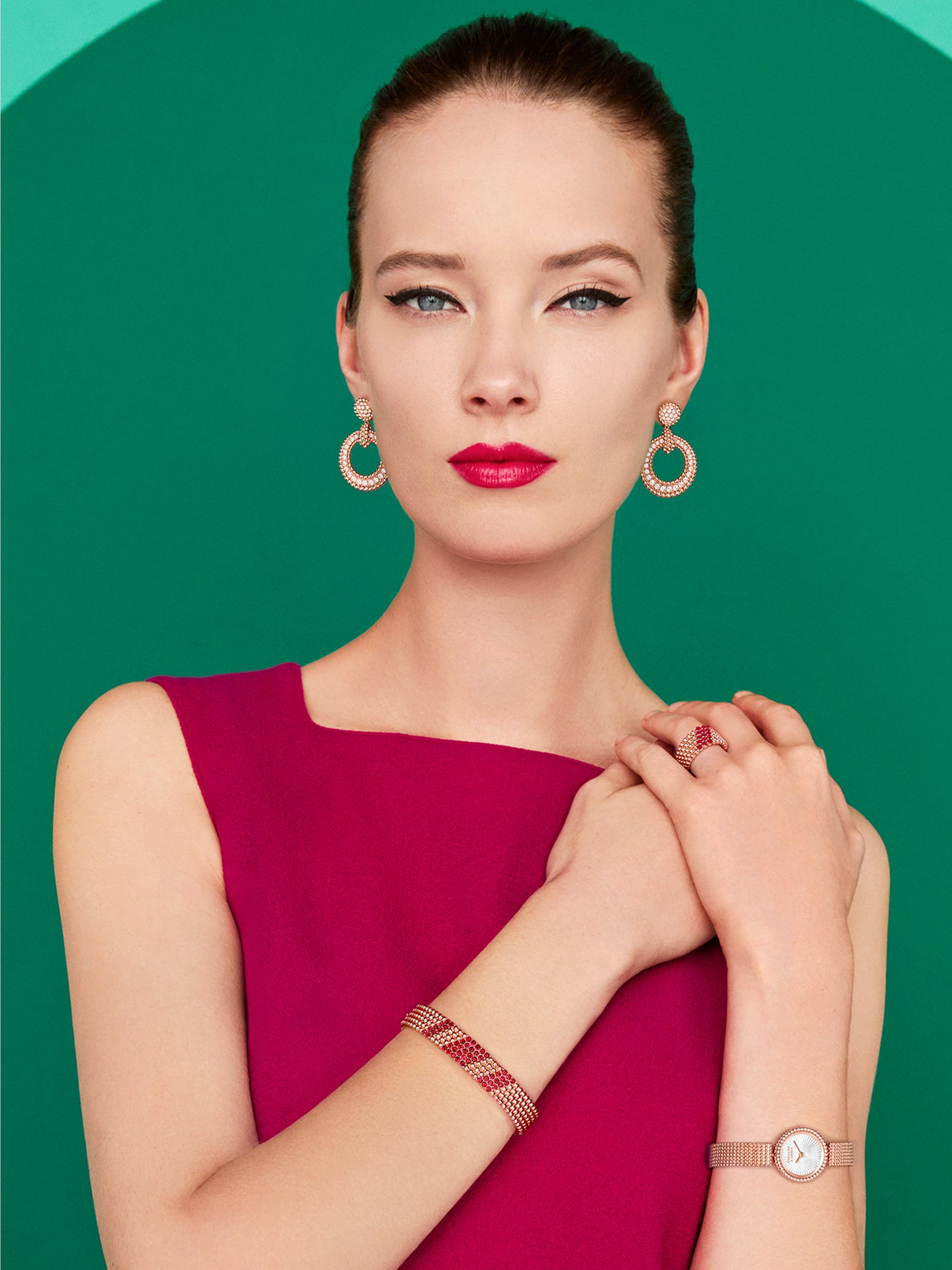 Perlée couleurs bracelet and ring, 5 rows, 18K rose gold, rubies. Perlée diamonds earrings, 18k rose gold, diamonds. Perlée watch, 23 mm, 18K rose gold, guilloché white mother-of-pearl, Swiss quartz movement. Perlée® collection, Van Cleef & Arpels.