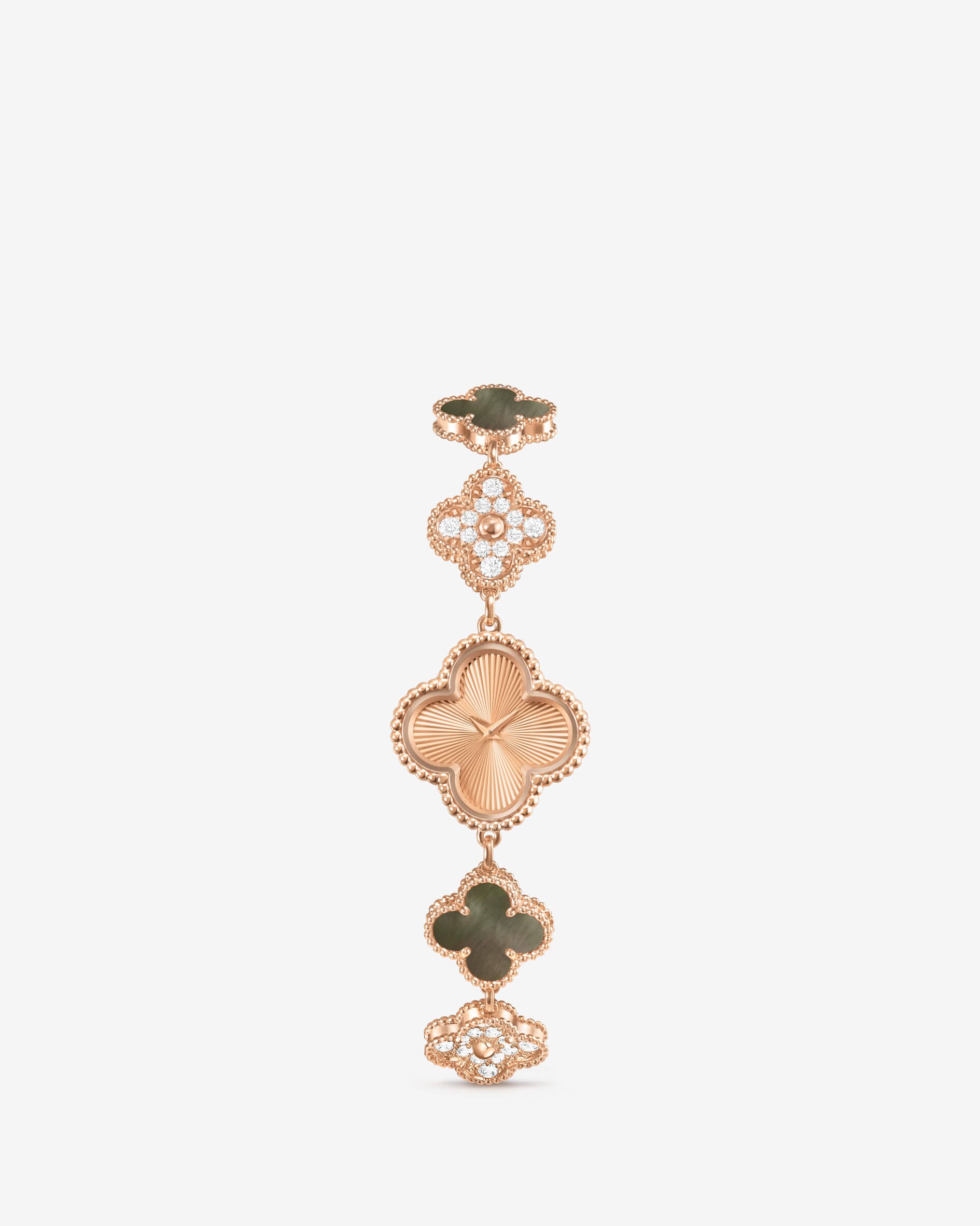 Sweet Alhambra watch, 18K white gold, chalcedony, diamonds. Alhambra® collection, Van Cleef & Arpels.