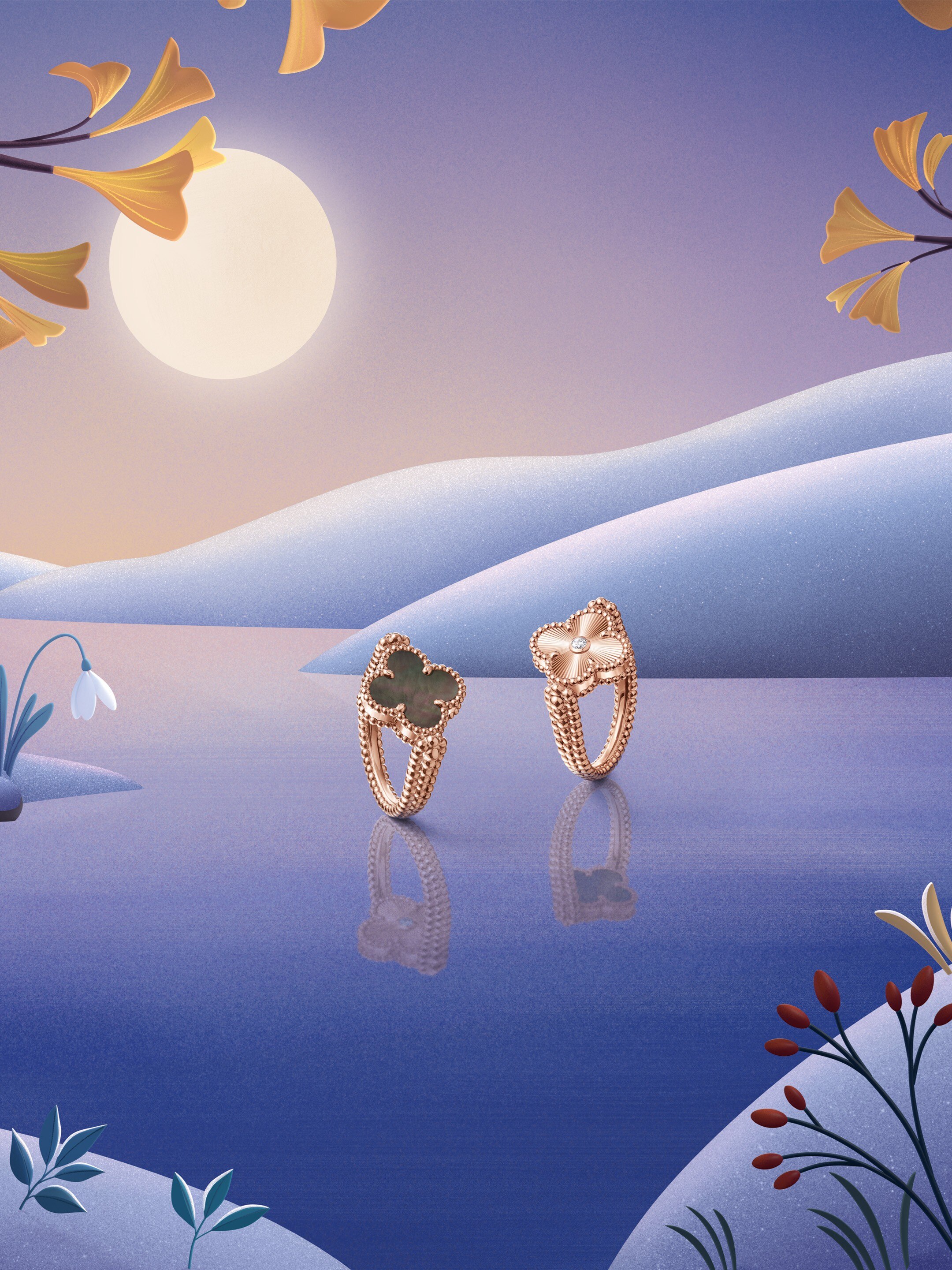 Vintage Alhambra reversible rings, guilloché 18K white gold, guilloché 18K rose gold, chalcedony, gray mother-of-pearl, diamonds. Alhambra® collection, Van Cleef & Arpels.