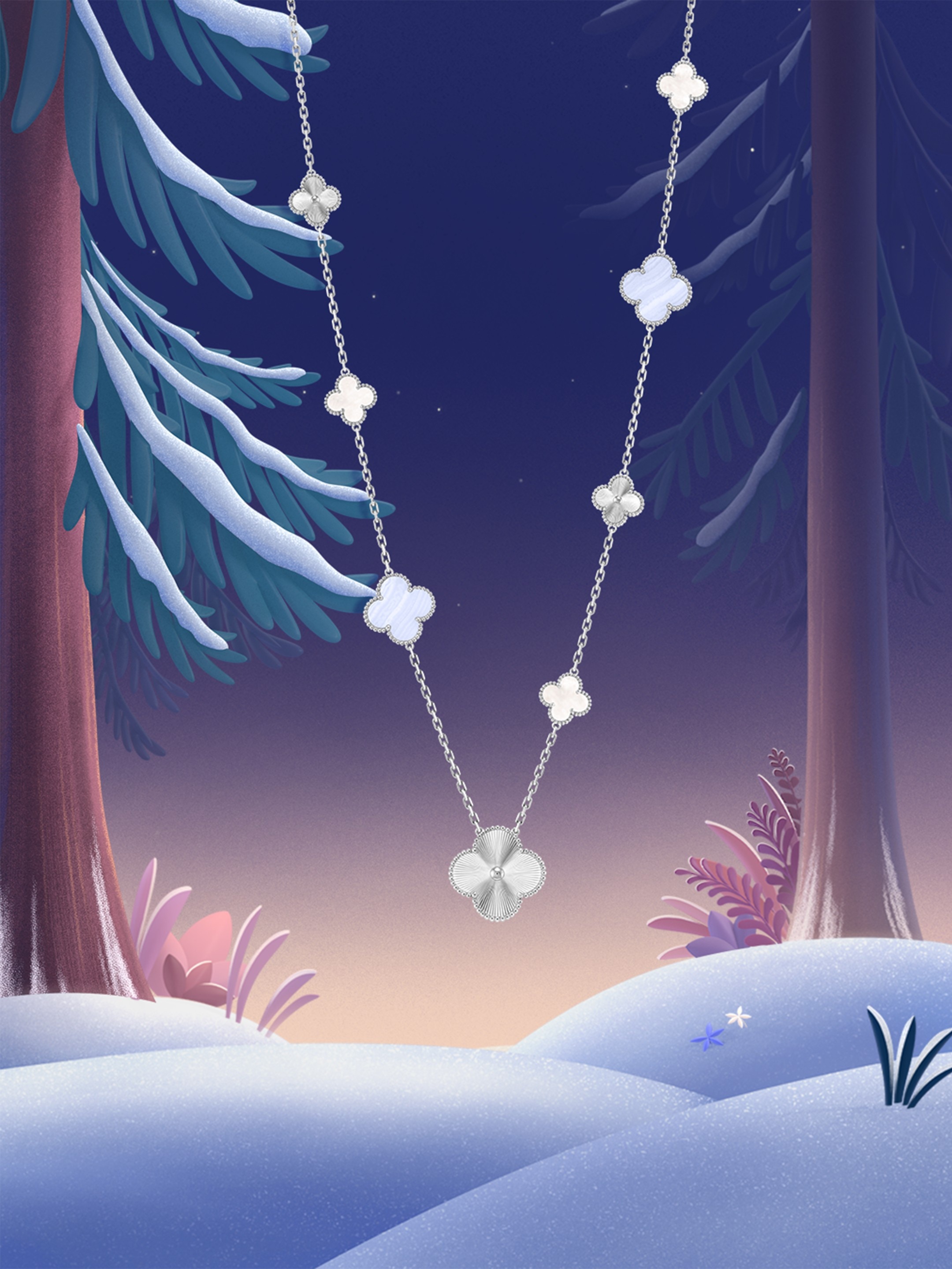 Magic Alhambra transformable long necklace, 15 motifs, guilloché 18K white gold, chalcedony, white mother-of-pearl. Alhambra® collection, Van Cleef & Arpels.