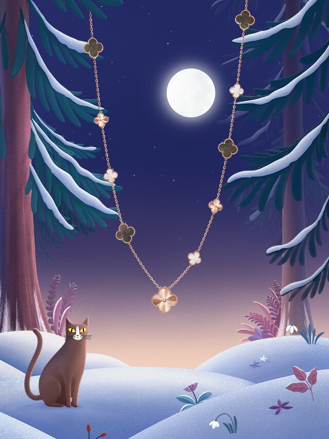 Magic Alhambra transformable long necklace, 15 motifs, guilloché 18K rose gold, white and gray mother-of-pearl. Alhambra® collection, Van Cleef & Arpels.