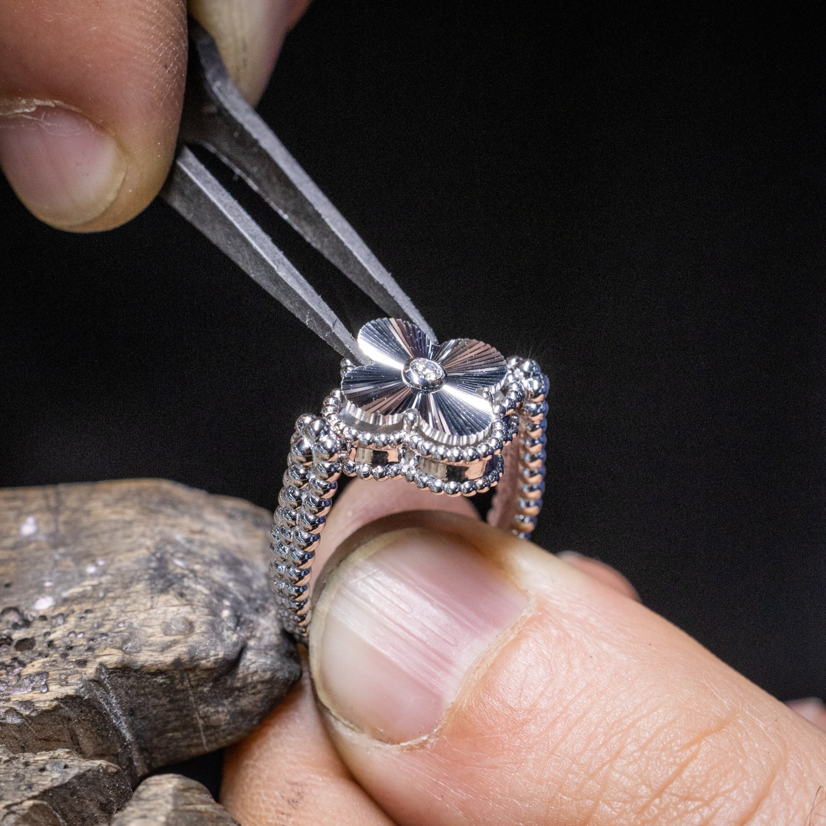 Assembling the guilloché motif to the ring, Van Cleef & Arpels.
