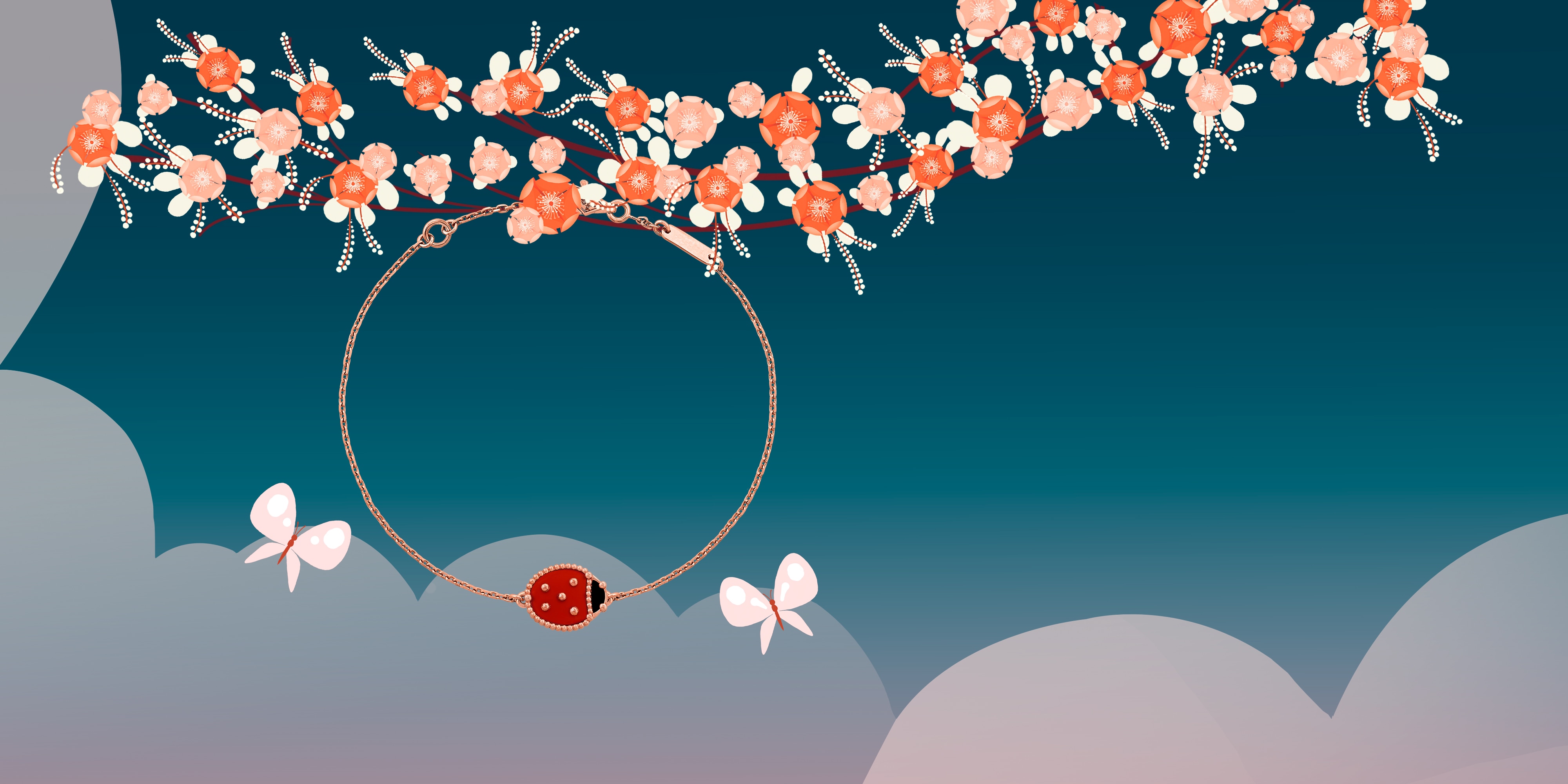 Lucky Spring手链,闭合翅膀的瓢虫。玫瑰金,红玉髓,缟玛瑙。Lucky Spring系列,Van Cleef & Arpels梵克雅宝