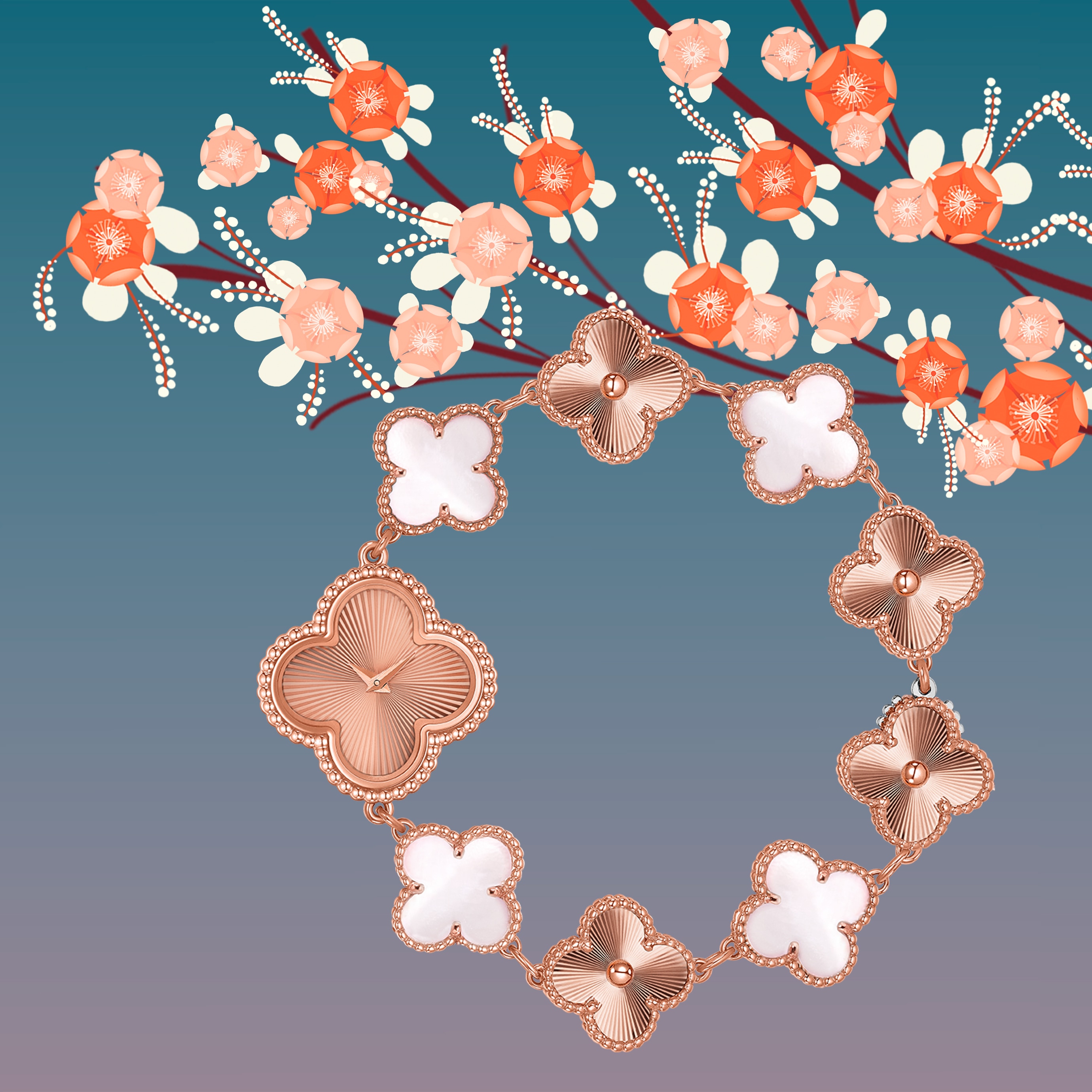 Sweet Alhambra®腕表。玫瑰金,珍珠母贝。Van Cleef & Arpels梵克雅宝