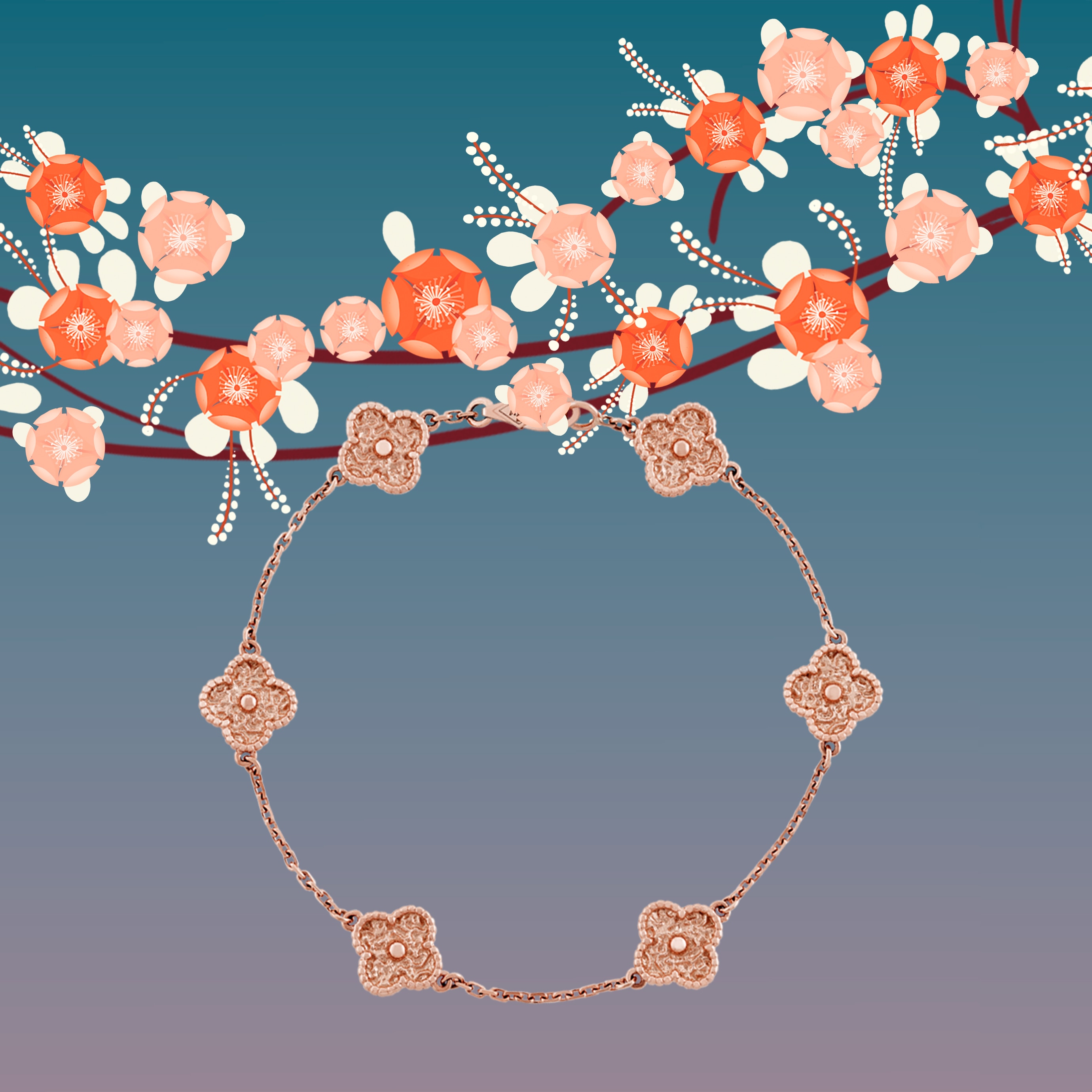 Sweet Alhambra系列®手链,6枚四叶幸运图案。玫瑰金。Van Cleef & Arpels梵克雅宝