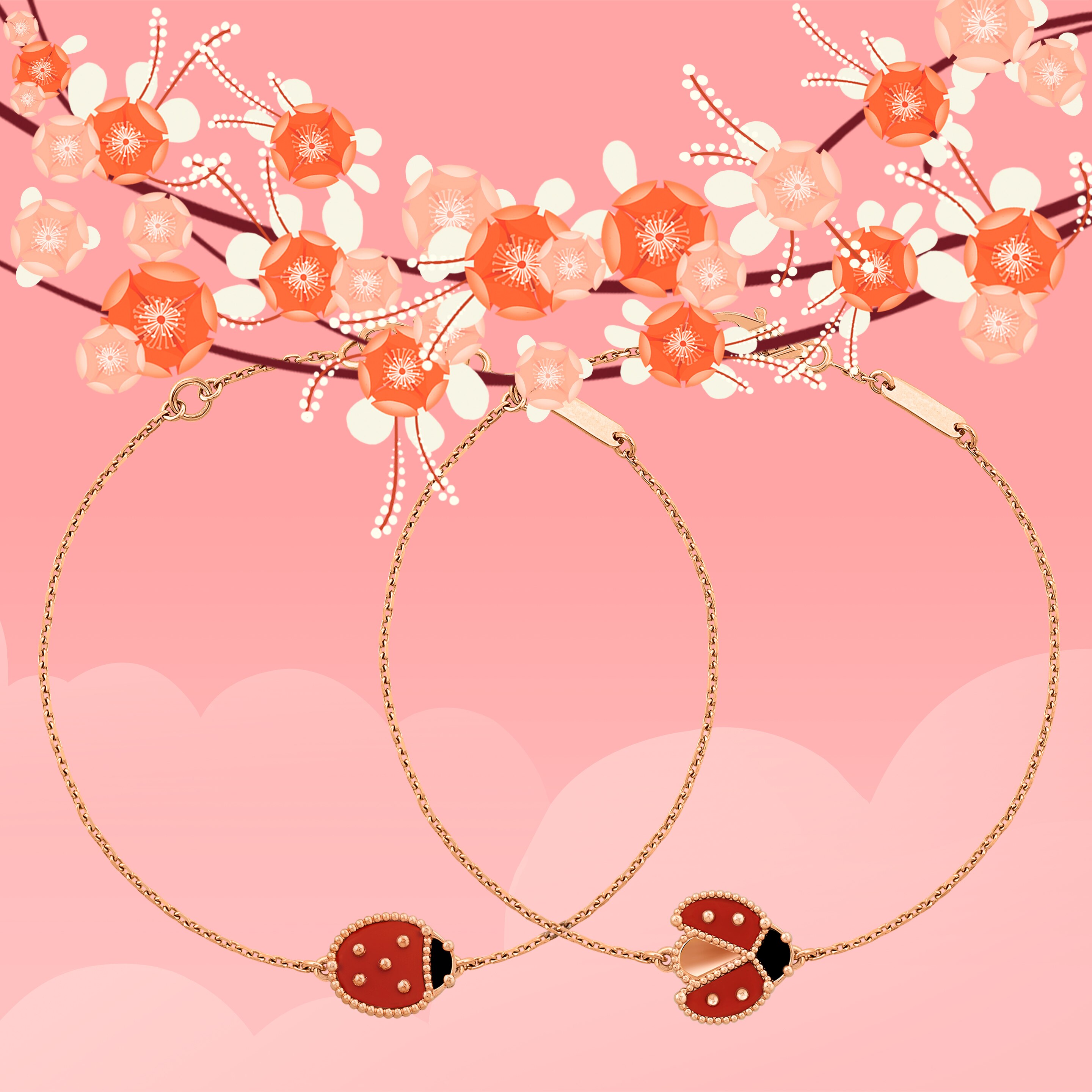 Lucky Spring手链。玫瑰金,红玉髓,缟玛瑙。Van Cleef & Arpels梵克雅宝