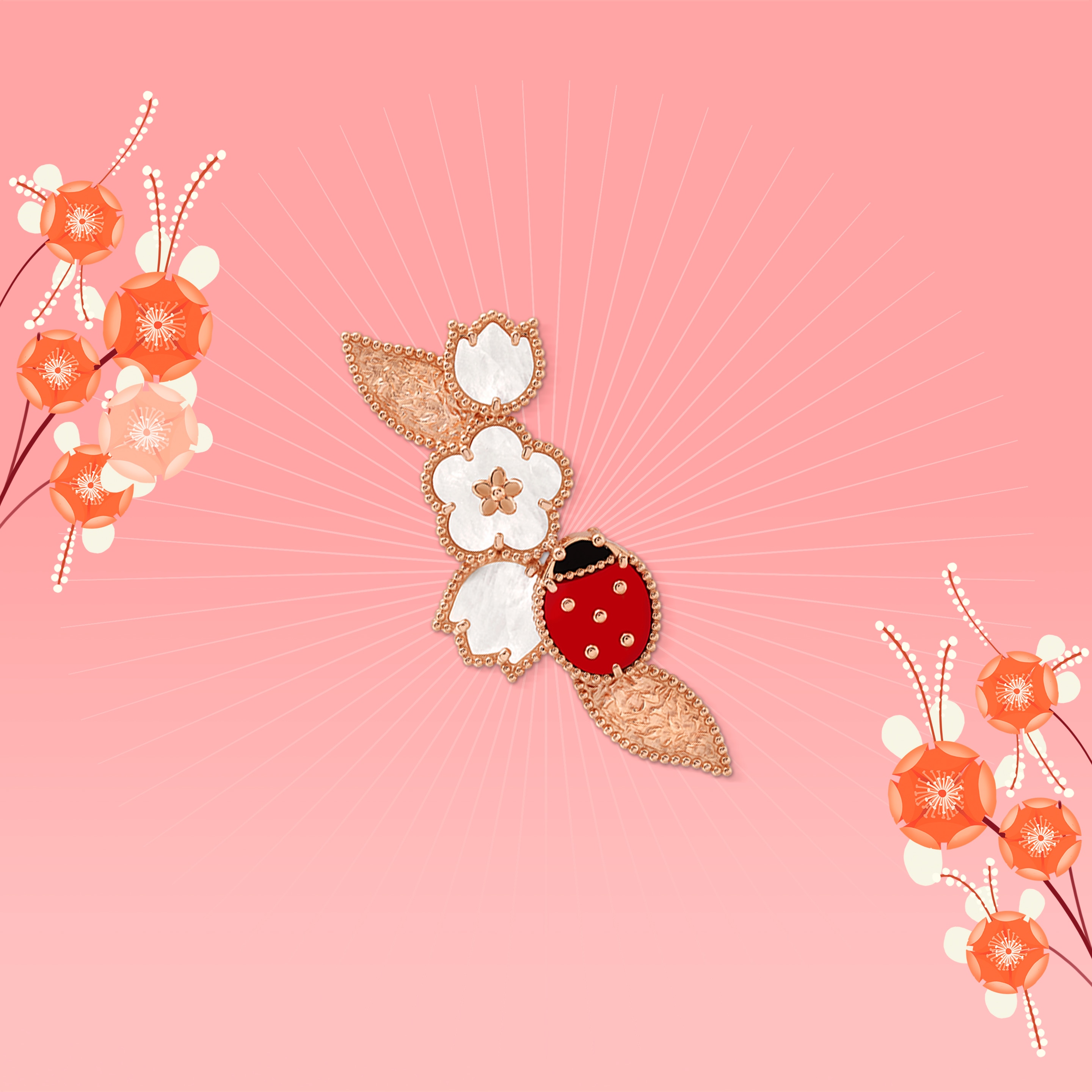 Lucky Spring胸针。玫瑰金,红玉髓,珍珠母贝,缟玛瑙。Van Cleef & Arpels梵克雅宝