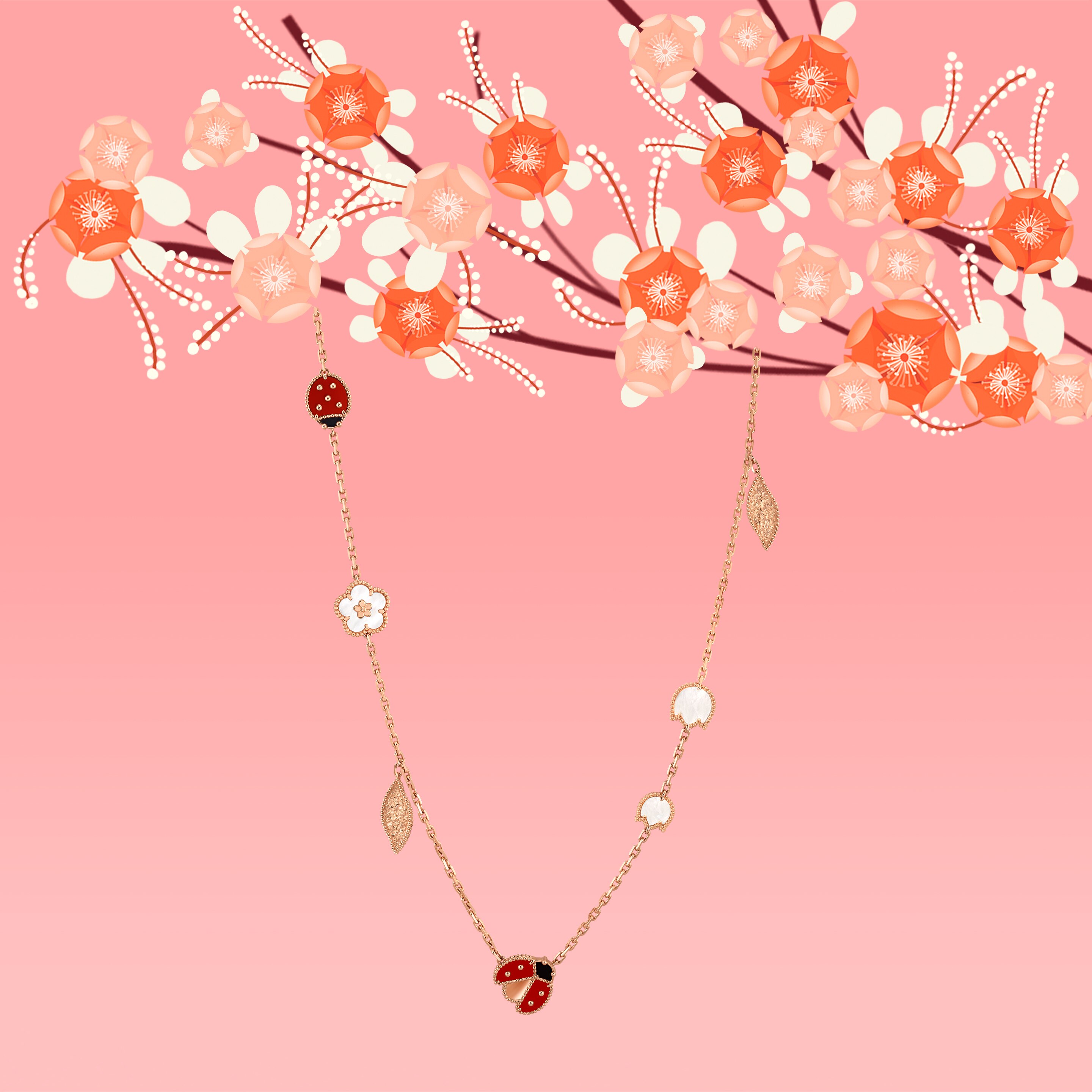 Lucky Spring长项链,15枚主题图案。玫瑰金,红玉髓,珍珠母贝,缟玛瑙。Van Cleef & Arpels梵克雅宝