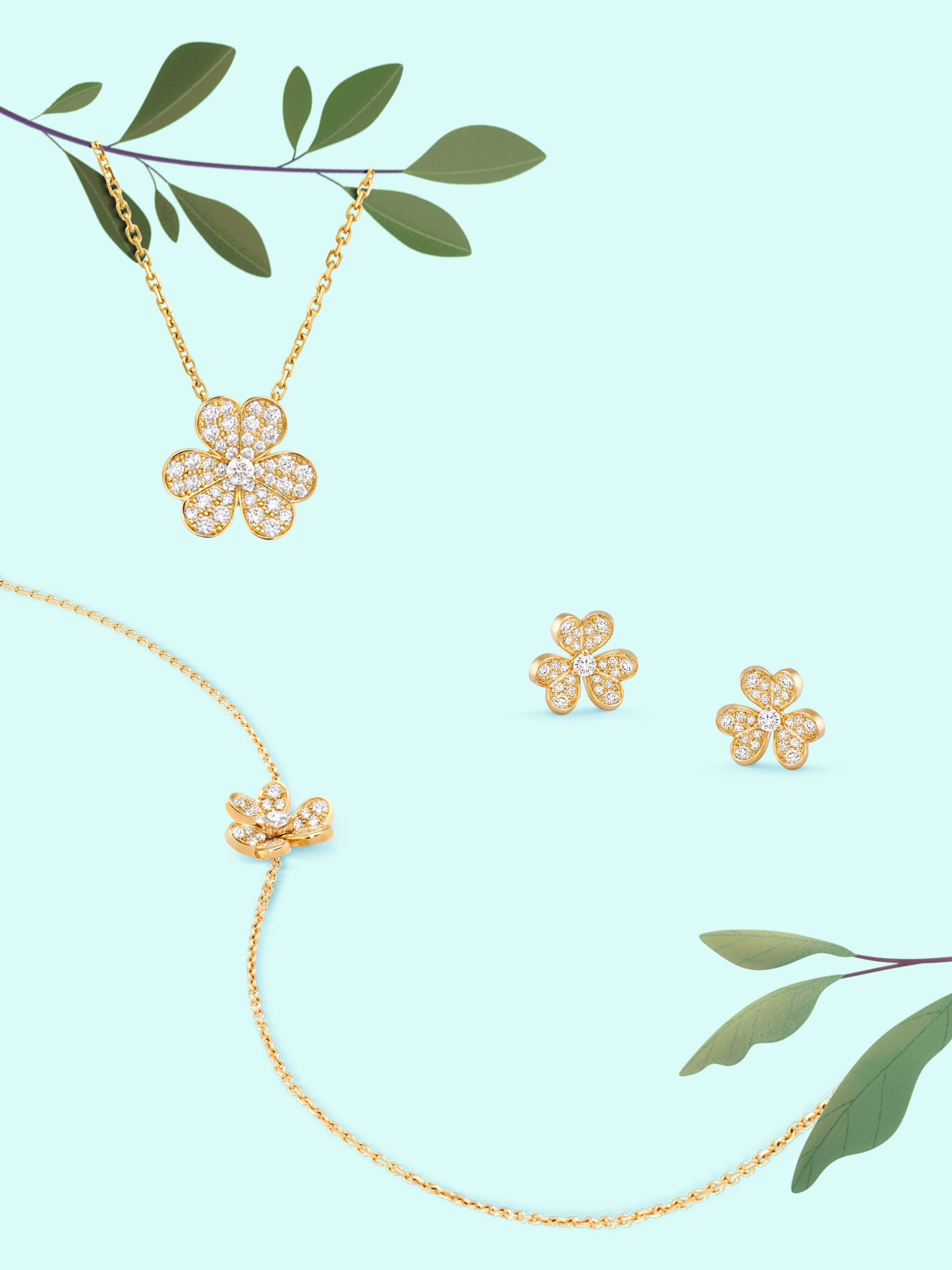 Frivole pendant, small model, Frivole earrings, mini model and Frivole bracelet, mini model, yellow gold, diamonds. Frivole collection, Van Cleef & Arpels.