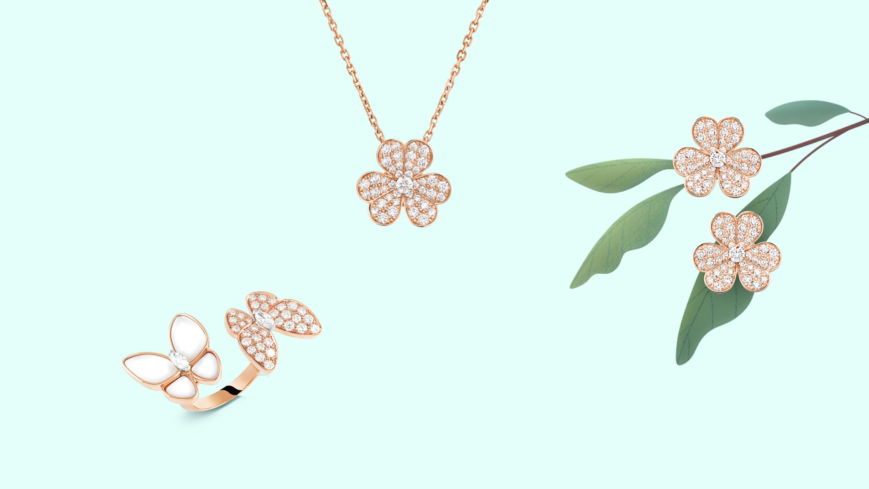 Two Butterfly Between the Finger ring, rose gold, white gold, white mother-of-pearl, diamonds, Frivole pendant and Frivole earrings, small model, rose gold, diamonds.Two Butterfly and Frivole collections, Van Cleef & Arpels.