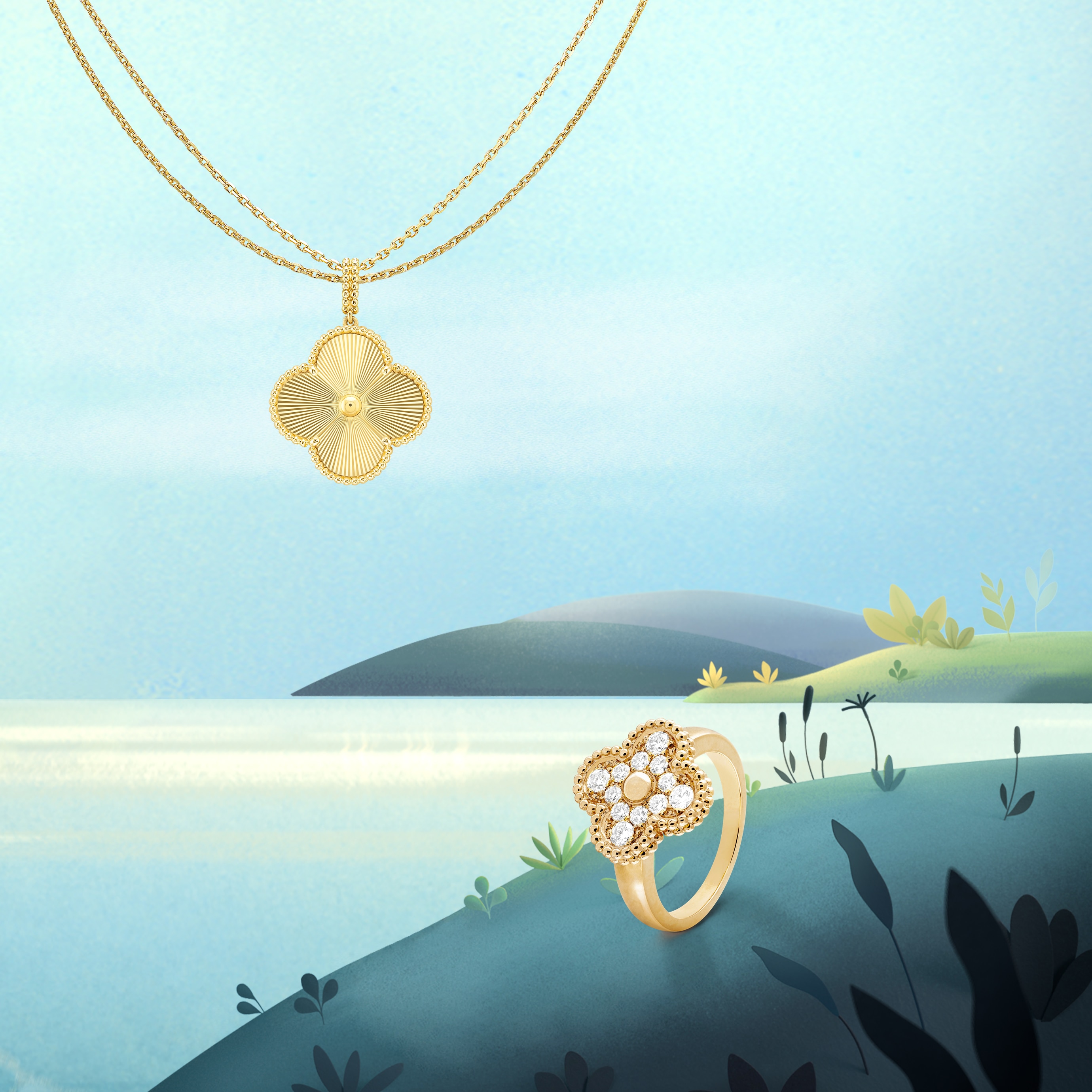 Magic Alhambra long necklace, 1 motif, guilloché yellow gold and Vintage Alhambra ring, yellow gold, diamonds. Alhambra collection, Van Cleef & Arpels.
