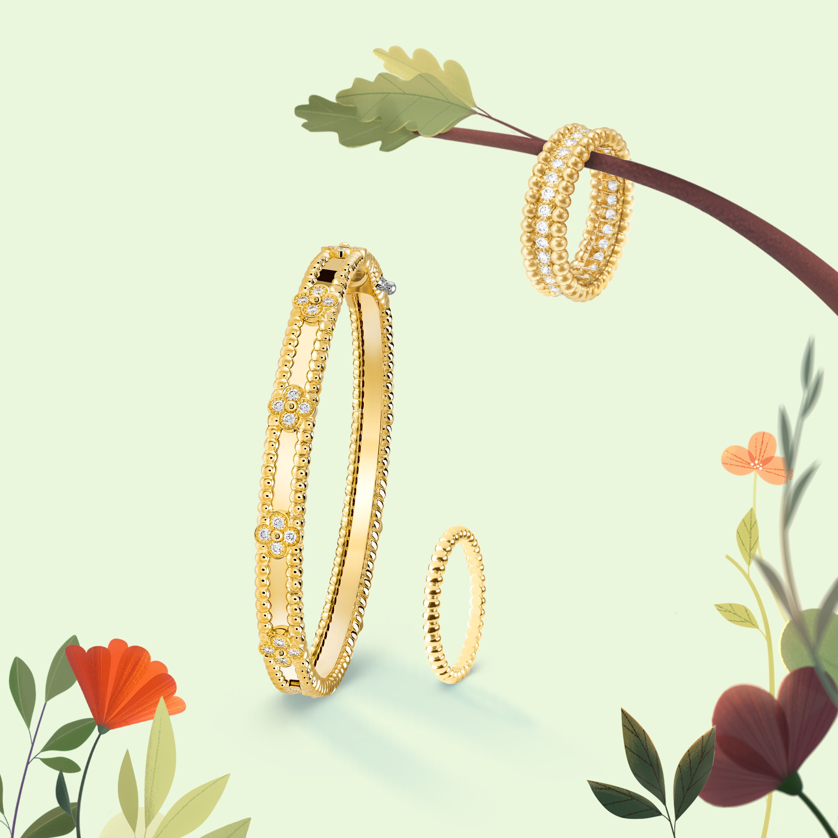 Perlée sweet clovers bracelet, Perlée diamonds ring, 1 row, yellow gold, diamonds and Perlée pearls of gold ring, yellow gold. Perlée collection, Van Cleef & Arpels.