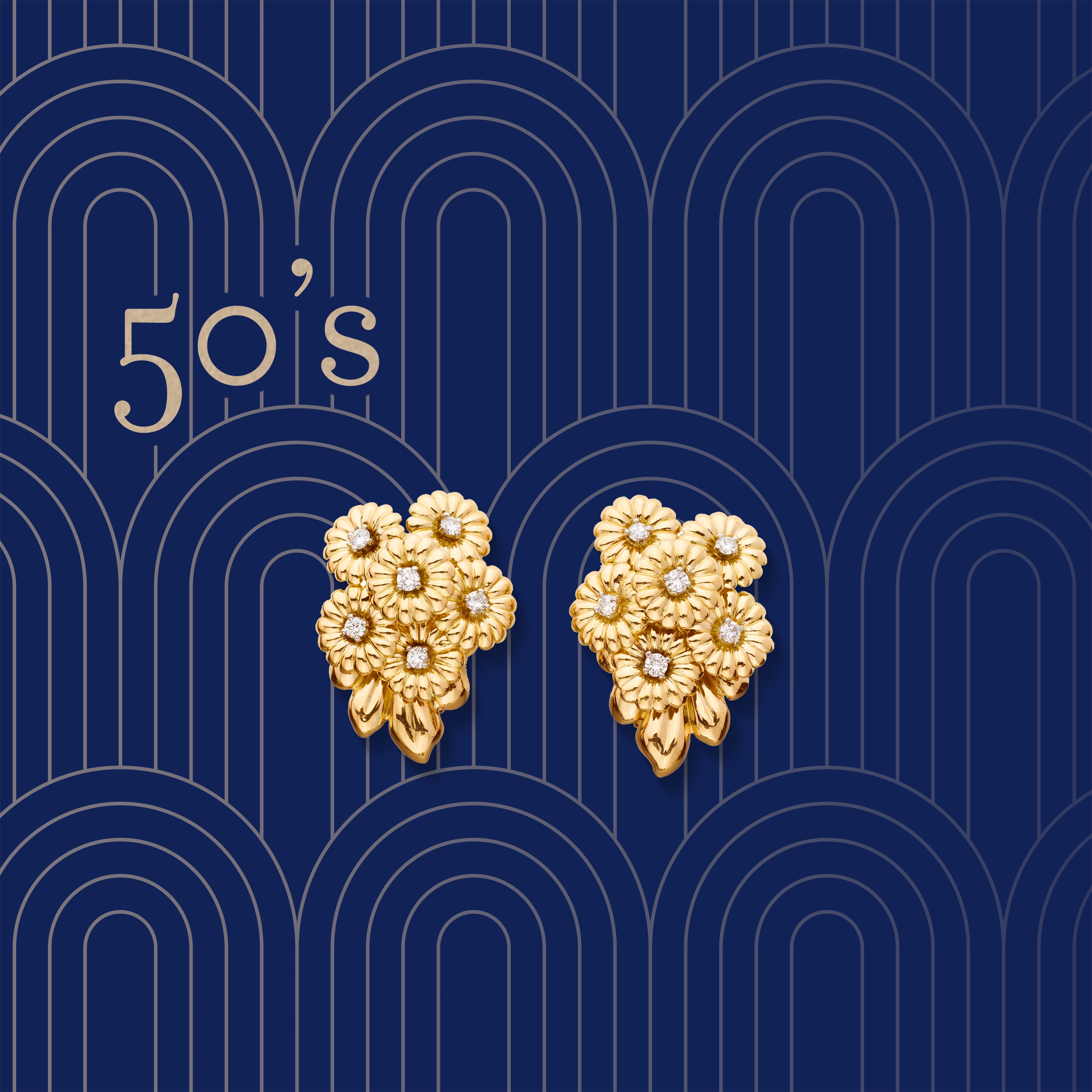 Earrings representing flowers in yellow gold and diamonds, 1950's. Van Cleef & Arpels