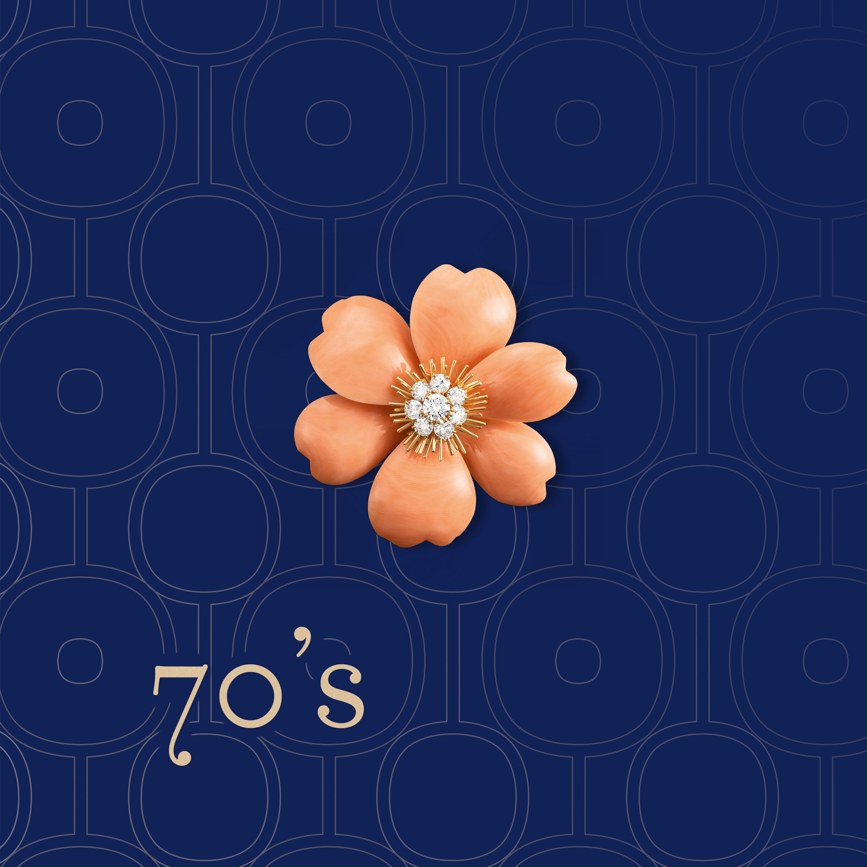 Rose de Noël clip in coral, yellow gold and diamonds, 1970's. Van Cleef & Arpels