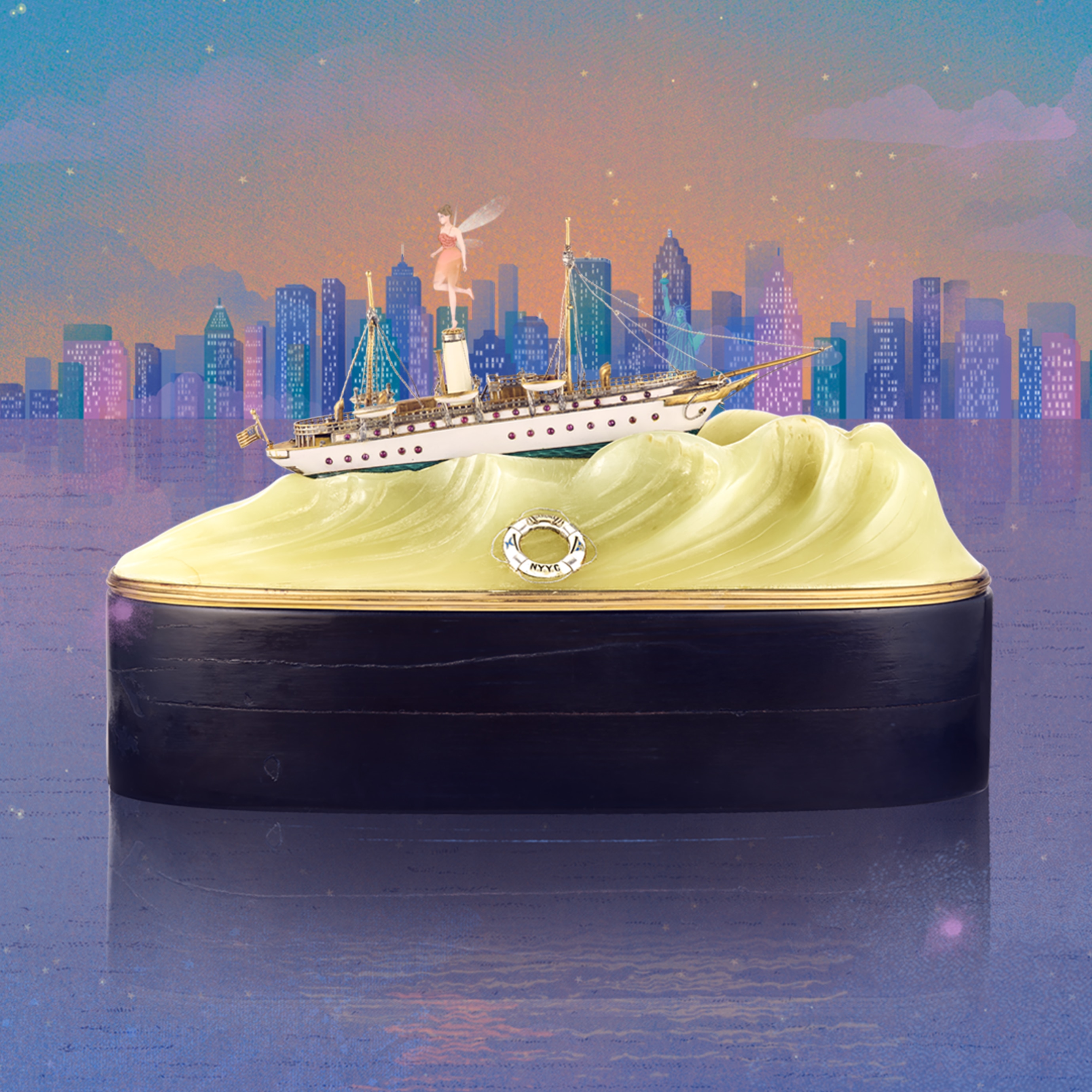 Model of the Varuna yacht, circa 1906. Yellow gold, silver, jasper, wood, enamel Designed to rest on a table, it was originally electrically wired to call the butler. Van Cleef & Arpels Collection