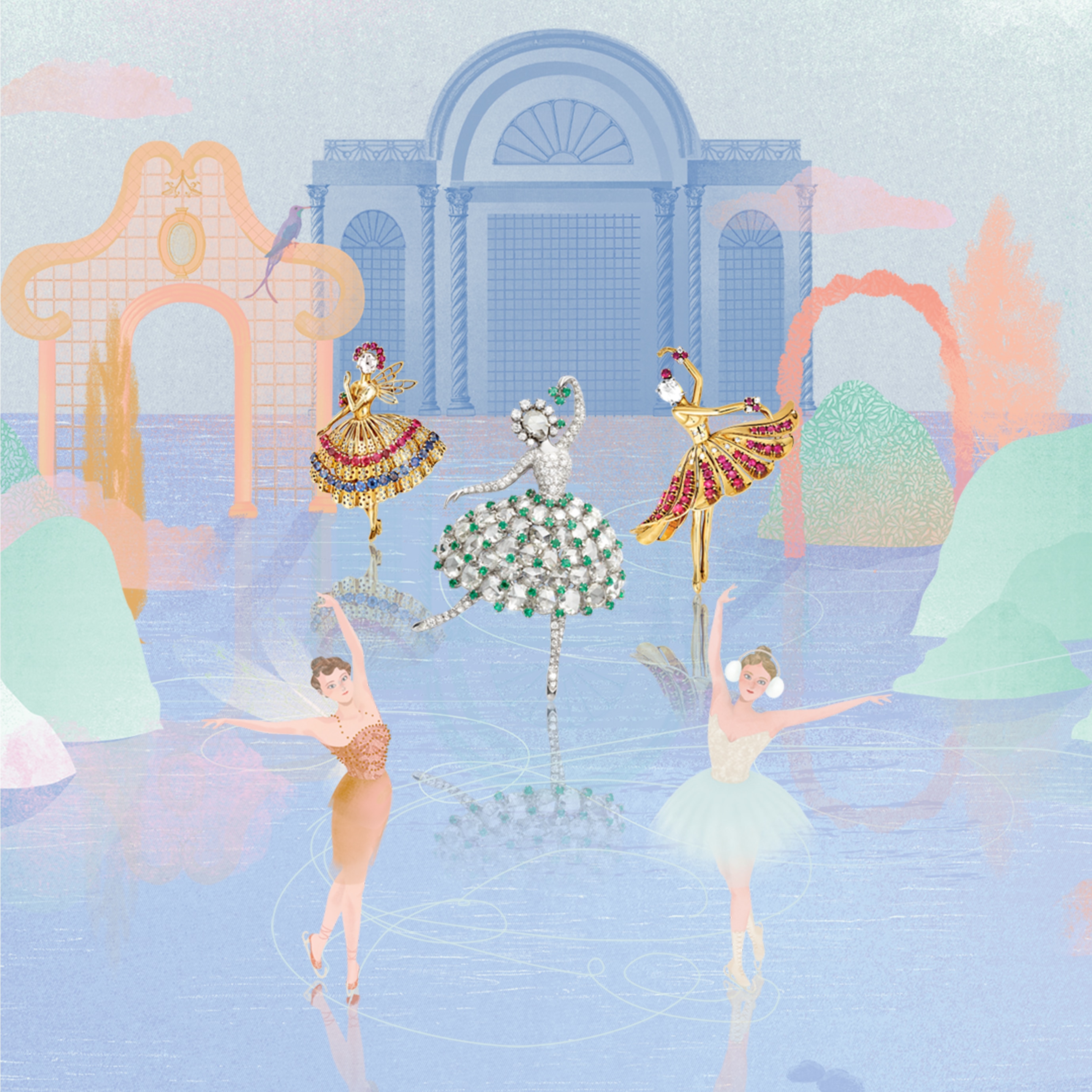 Winged ballerina clip, 1947, Ballerina clip, 1945, Dancer clip, 1942. Van Cleef & Arpels Collection.