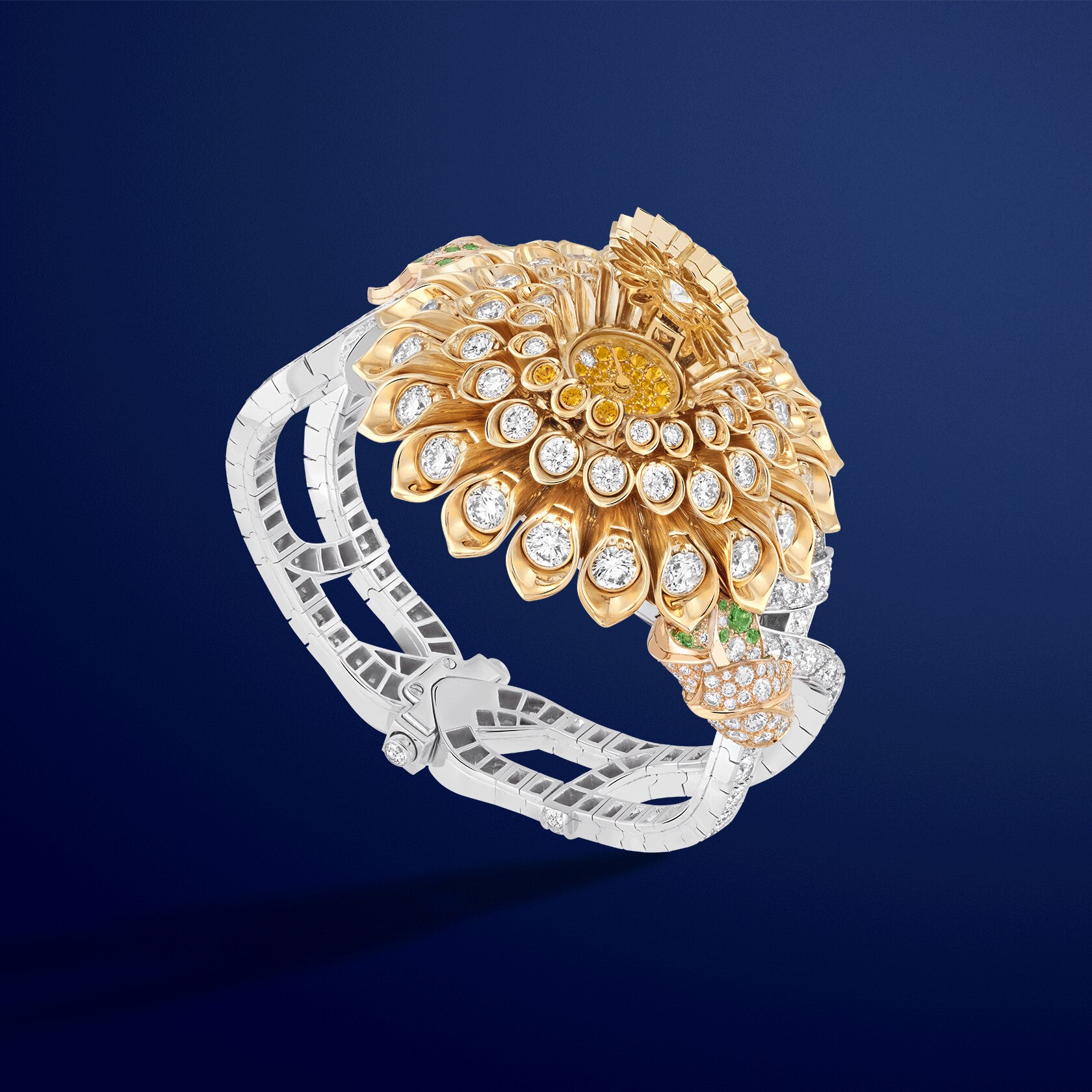 Dahlia secrète watch 18K yellow, rose and white gold, diamonds, yellow sapphires, tsavorite garnets, Swiss quartz movement, unique piece. Van Cleef & Arpels.