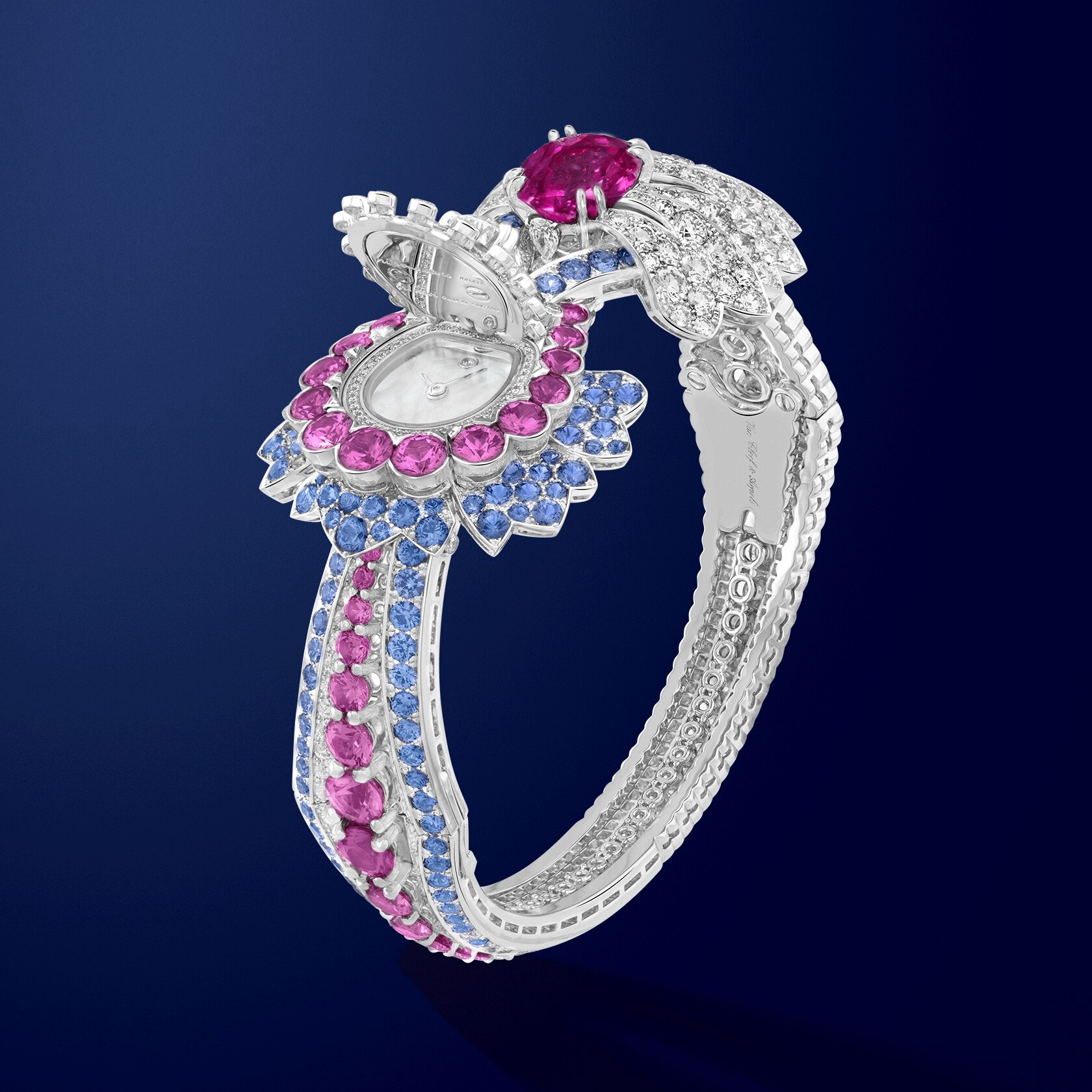 Tristan & Iseult secret watch, 18K white gold, blue and pink sapphires, diamonds, white mother-of-pearl, Swiss quartz movement, Van Cleef & Arpels.