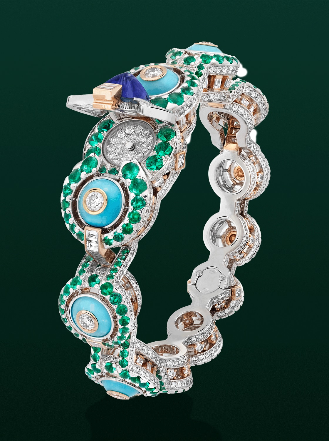 Amytis & Nabuchodonosor secret watch, 18K white gold and rose gold, sapphire, emeralds, turquoise, diamonds, Swiss quartz movement. Van Cleef & Arpels.