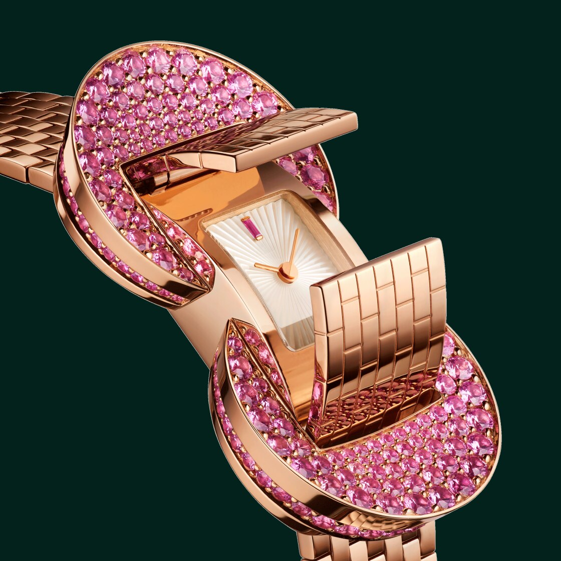 Ludo Secret watch 18K rose gold, pink sapphires, white mother-of-pearl, Swiss quartz movement. Ludo collection, Van Cleef & Arpels.