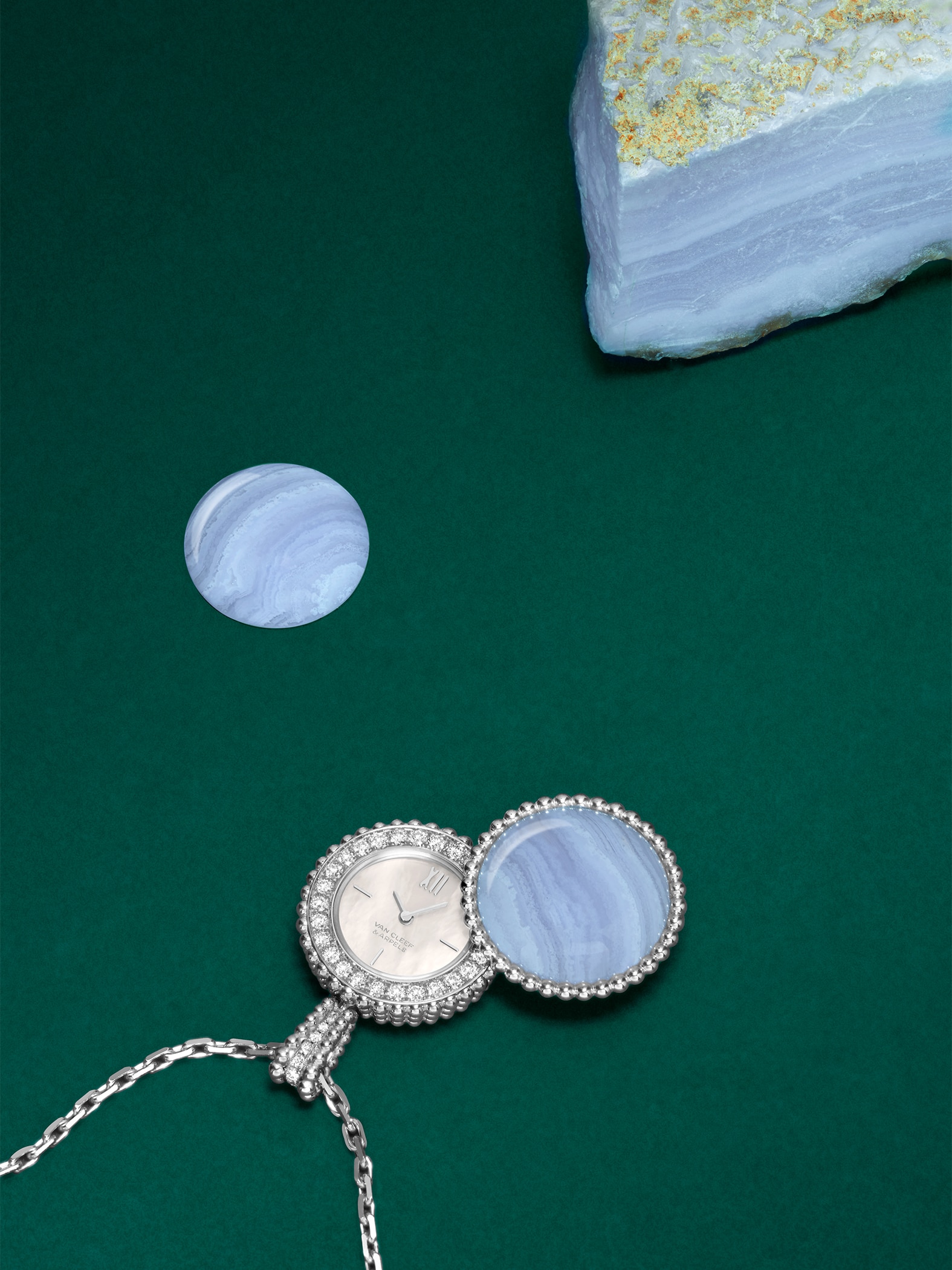 Perlée watch 18K white gold, chalcedony, white mother-of-pearl, diamonds, Swiss quartz movement. Perlée collection, Van Cleef & Arpels.