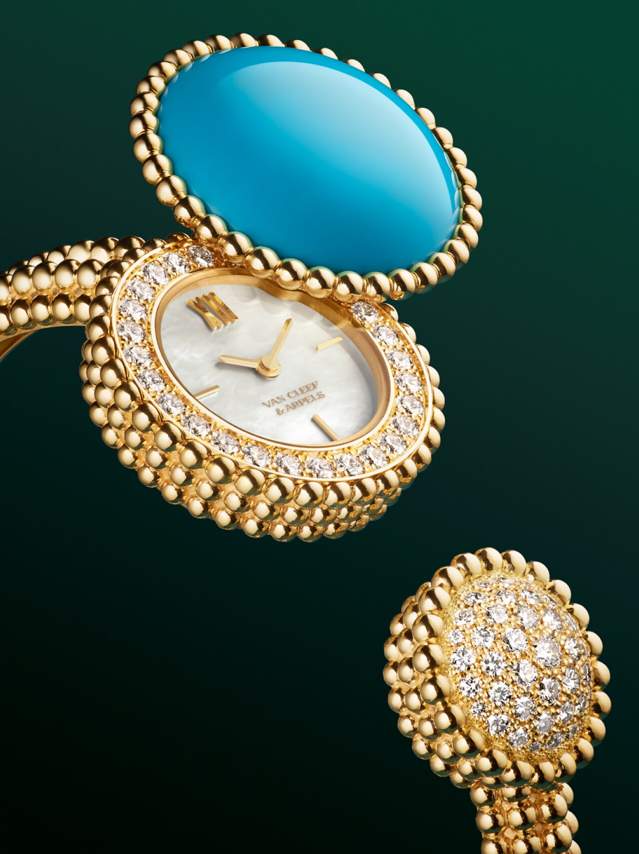 Perlée Toi & Moi secret watch 18K yellow gold, round diamonds, white mother-of-pearl, turquoise, Swiss quartz movement. Perlée collection, Van Cleef & Arpels.