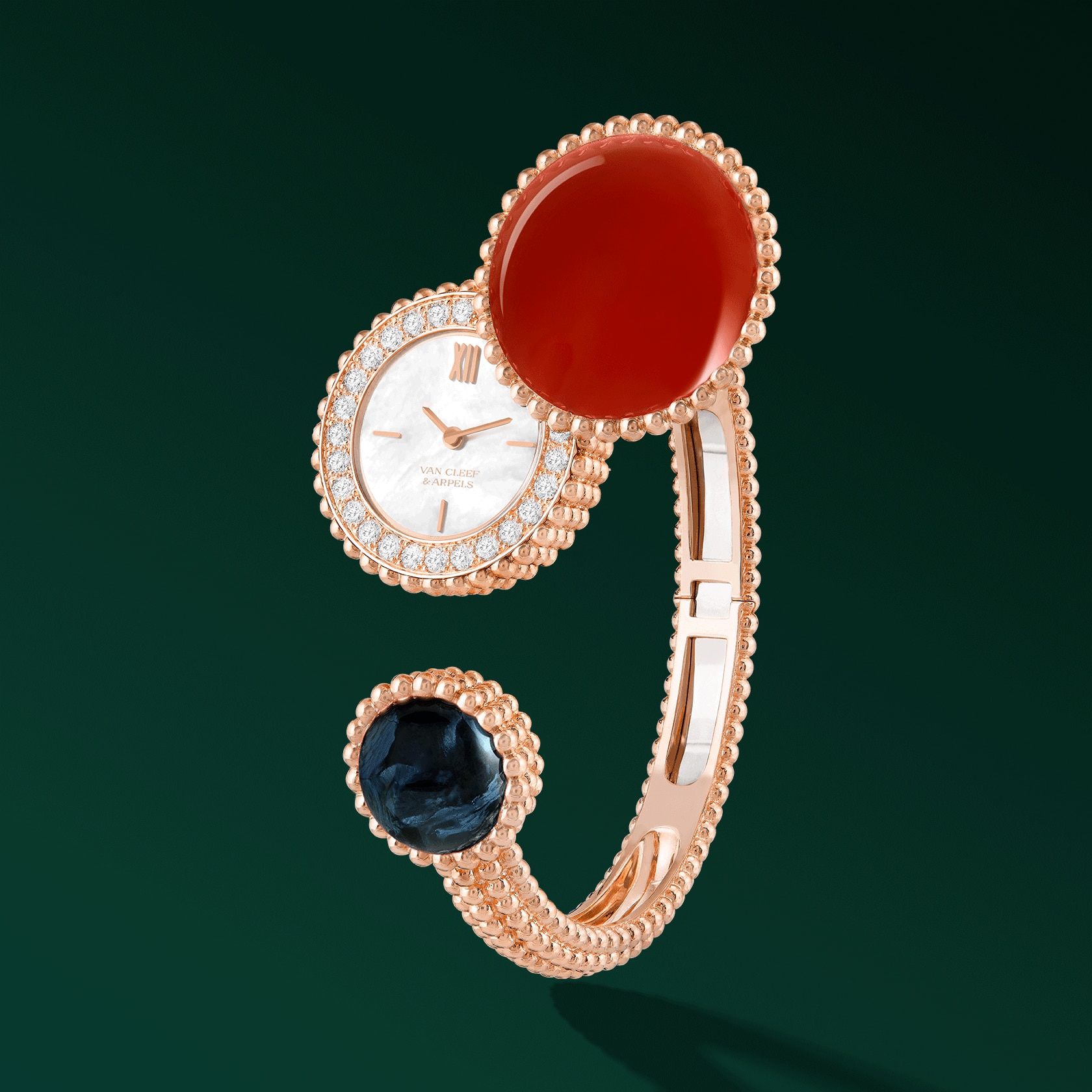 Perlée Toi & Moi secret watch 18K rose gold case, diamonds, white mother-of-pearl, carnelian, black pietersite, Swiss quartz movement. Perlée collection, Van Cleef & Arpels.