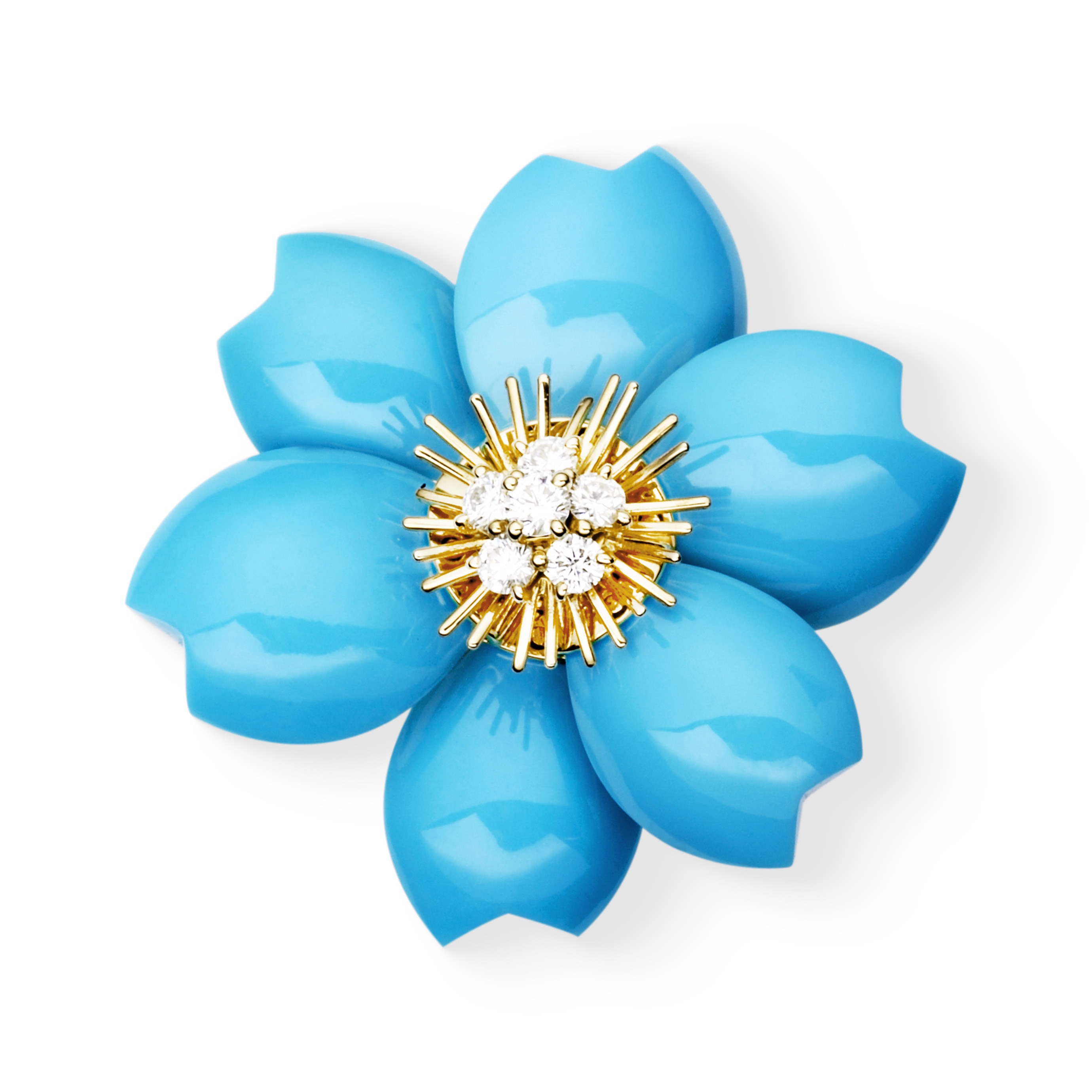 Rose de Noël clip, medium model, 18K yellow gold, turquoise, diamonds. Rose de Noël collection, Van Cleef & Arpels.