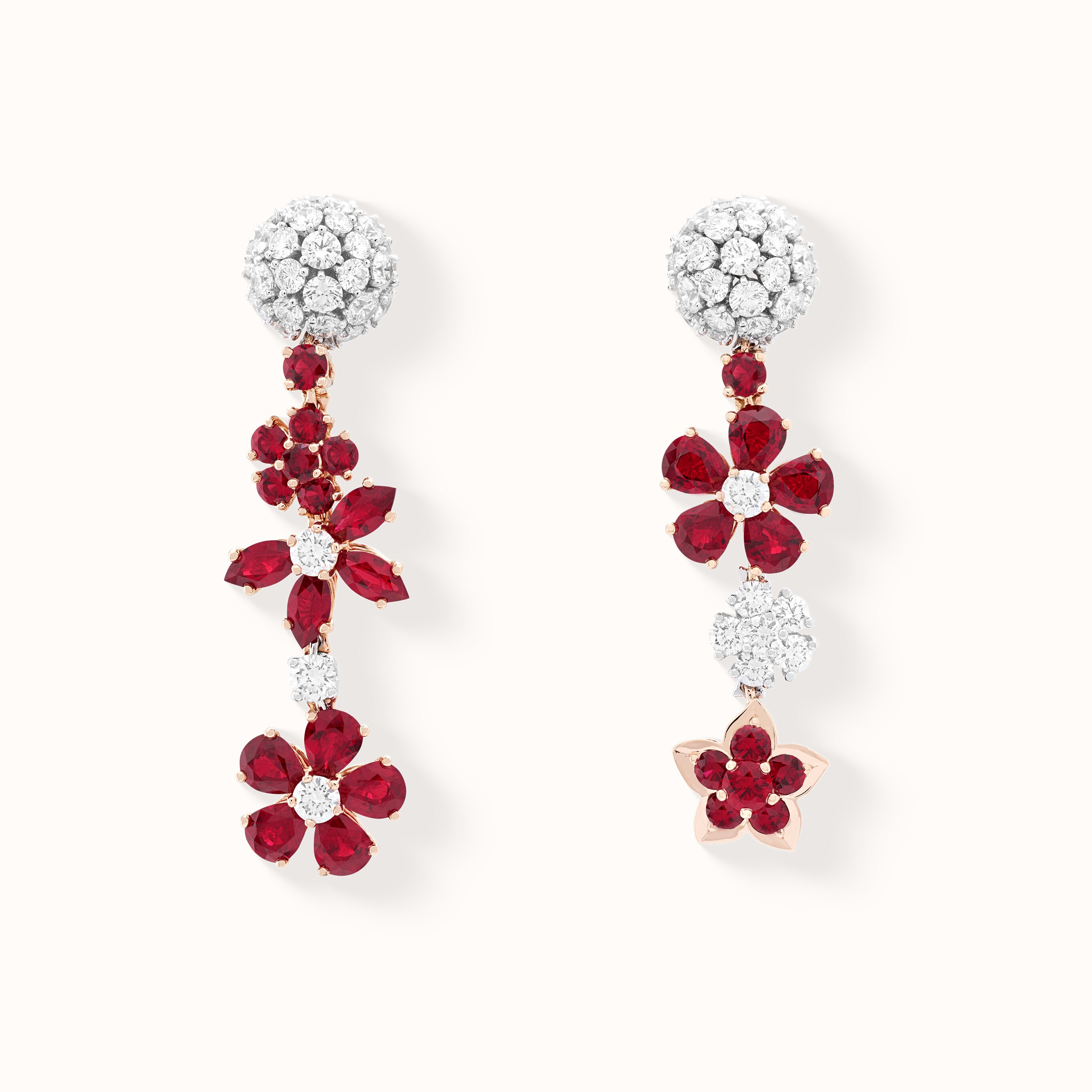 Folie des Prés earrings, 18K white gold, 18K rose gold, rubies, diamonds. Folie des Prés collection, Van Cleef & Arpels.